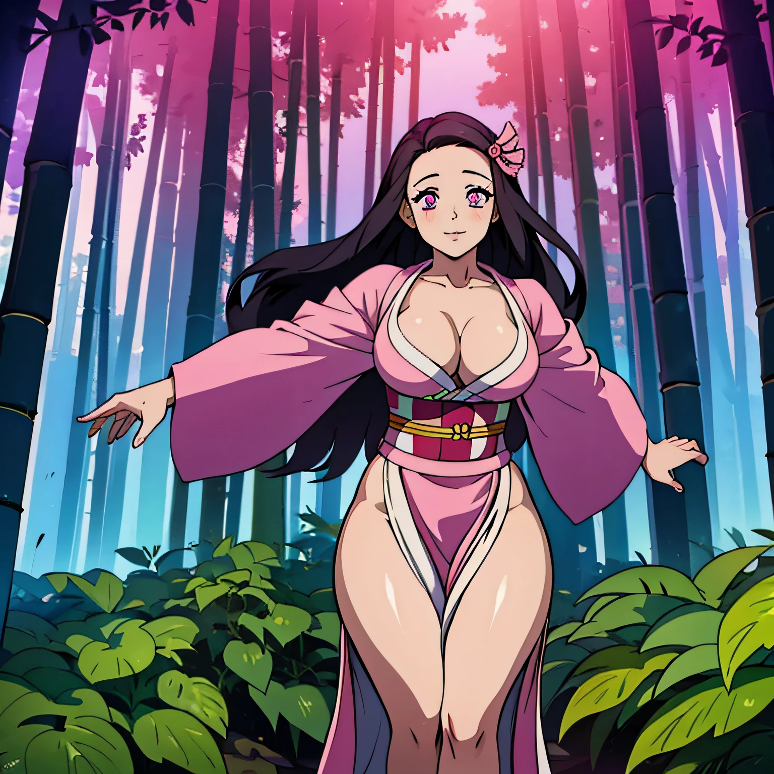 Nezuko as an adult, she is a beautiful young woman, she has a very sexy body, she has beautiful pink eyes, she is in her regular pink kimono outfit, she has a sexually aroused look on face, she is standing in a sexual pose, she is showing off her body, she has her cleavage showing, hourglass body shape, her full body is in the image, she is standing in a bamboo forest