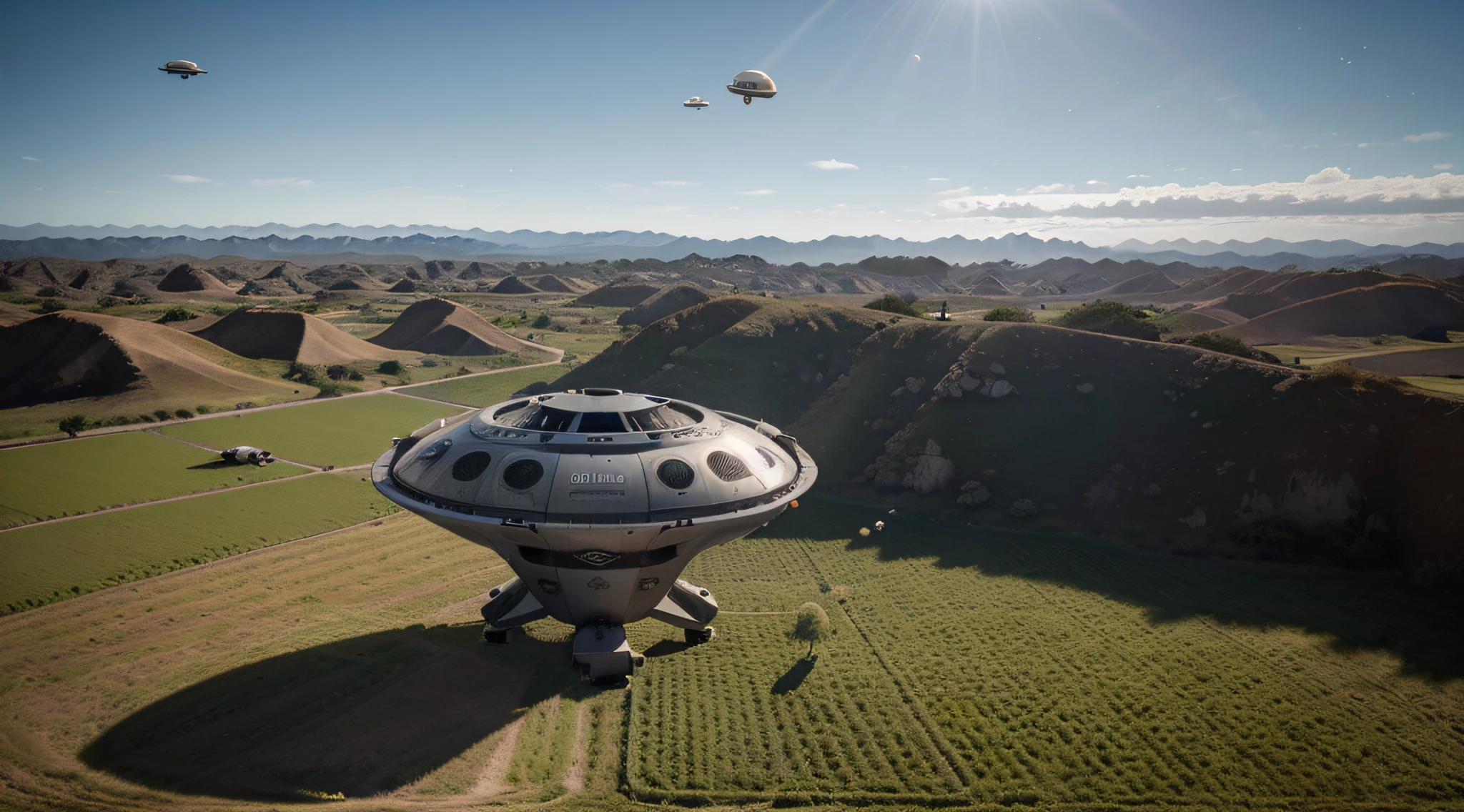 (Alien Frisbee Flies Over A Field In The Morning) VFX surrealista altamente detallado,OC renderizado,Disparo con 70 mm - AR 16:9 --q 2 --s 1000 nave espacial disco volador metalizado VFX surrealista altamente detallado 16K,OC renderizado, Cinnamatographic lighting, en el campo, se comunican con el espacio exterior y otros planetas, Cinematic Morning Lighting (cerca del suelo, por aterrizar, Frisbee Metallic Spaceship, a baja altura), (Alien Frisbee Flies Over A Field In The Morning) VFX surrealista altamente detallado,OC renderizado,Disparo con 70 mm - AR 16:9 --q 2 --s 1000 nave espacial disco volador metalizado VFX surrealista altamente detallado 16K,OC renderizado, Cinnamatographic lighting, en el campo, se comunican con el espacio exterior y otros planetas, Cinematic Morning Lighting (cerca del suelo, por aterrizar, Frisbee Metallic Spaceship, a baja altura) ((Primer plano, muy detallado el fuselaje)), ((se ve entero desde unos metros por arriba, It occupies the entire length of the photograph, Below is the field)), ((View from a top angle, va aterrizando)) ((Isometric Perspective Top Left View)), (((Very high resolution and level of detail))), (((primer plano)))