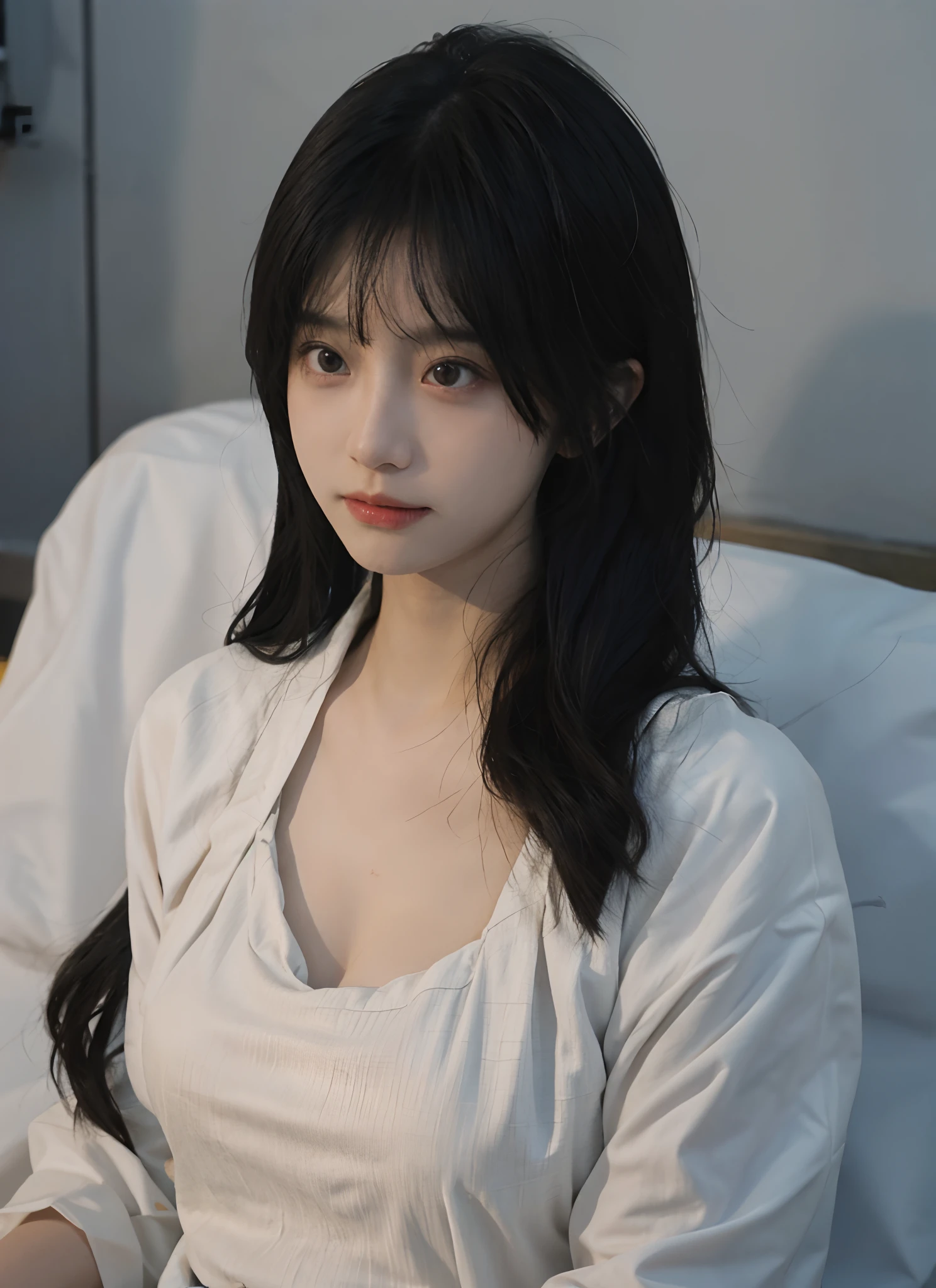 8k, RAW Photo, Best Quality, Masterpiece, High Detail RAW Color Photo, Professional Photo, (Realistic, Photorealistic Photorealism: 1.37), (High Detail Skin: 1.2), High Resolution, Beautiful Detailed Eyes, (Hard Focus: 1.4), (Clear Focus: 1.4), Realistic, (8K UHD:1.2), realistic high-quality shadows, pink pouty red lips, slender face, large breasts, narrow waist (wavy hair), semi-top knot, gray-blue wavy hair, pink eye color, suggestive appearance, (extreme facial close-up), pov, ((depth of field)), pale and shiny skin, nine-collar shirt, 30 years old, buruma, clear waters, layers of white clouds, bokeh, lens flare, (vignetting: 0.8), dramatic lighting, cinematic lighting, backlighting , Professional Lighting, Physically Based Rendering, ULZZANG-6500-V1.1, pureerosface_v1.