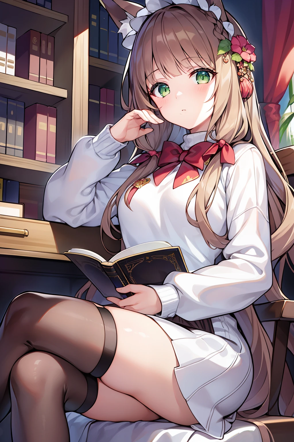 tmasterpiece，Highest high resolution，8k wallpaper，Highest drawing quality，1girll，Solo，Huge fox tail，Brown hair long，Green eyes，Small flower headdress，21-year-old college student，Modern architecture_University Library，Look at the girl from the side above，The girl sat in the chair next to me_The girl instructed me one-on-one on the content of the reference book，Malay French braided hairstyle，White sweater dress，Black over-the-knee stockings，The girl's side face，Sit normally in a chair，Elegant temperament，