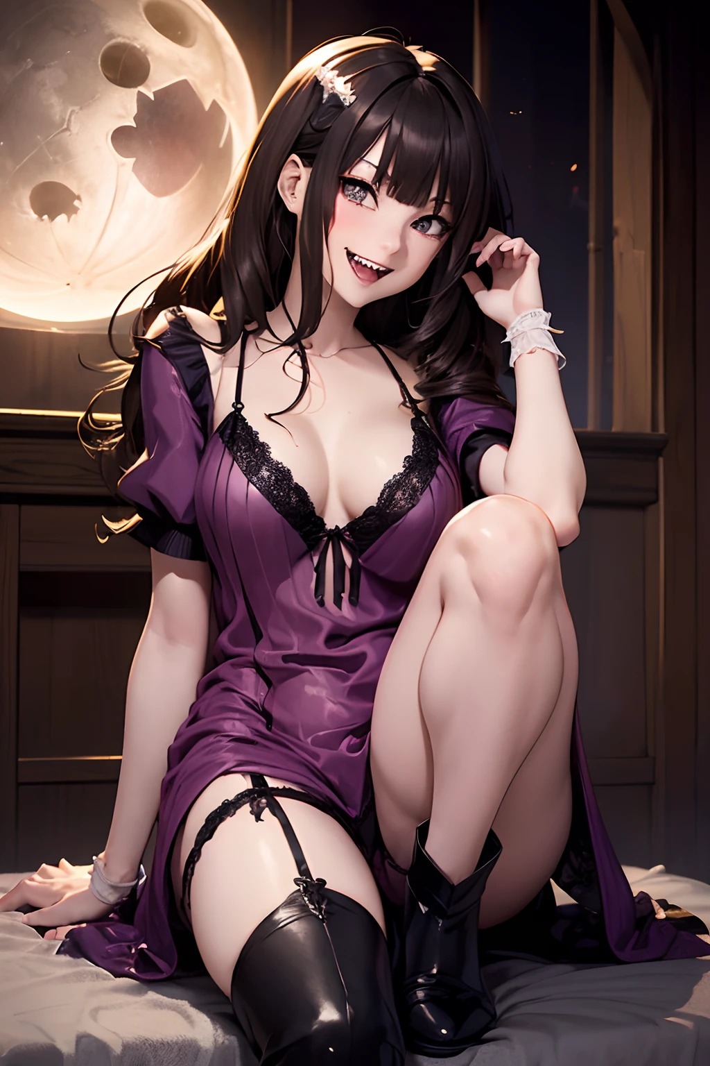 (((Vampire Fangs: 1.8)))、natta、Moon Night、deep in the night、Western-style ancient capital、european castles、a woman vampire、(((Sexy Dracula)))、(((Fang teeth:1.3)))、((Vampire Fangs:1))、((tusk))、female vampire、A sexy、pale skin、((pale skin))、(Melancholy beautiful face)、Beautiful expression、(Sexy face)、Nipple bumps, (((Lower breast)))、knee high socks、(((Big ))), Beautiful 、long boots、Super fine face、Delicat eyes、Double eyelids、Jump Aheface、Mansuji、Sujiman、 Line、(Doya face)、((((negligee)))), Sexy costumes