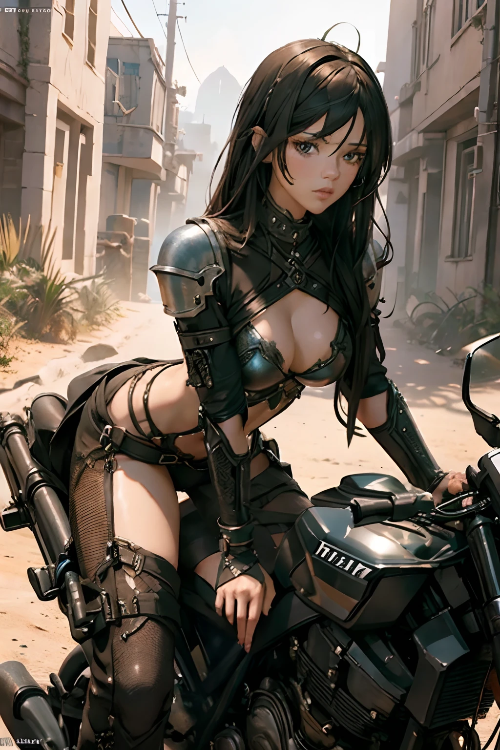 Beautiful Alluring Female Dystopian Knight jenna ortega, oily Skin, Athletic Well Toned Body, Rusty Scrap Metal Ornaments and armor, Dystopianpunk Theme, Dieselpunk, riding a motorcycle in the desert, Beautiful D&D Character Portrait, Beautiful Face, Ominous, Dark Fantasy, Fiverr Dnd Character, Octane Render, Digital Art, Extreme Detail, 4k, Ultra Hd, Polished, Beautiful, Hyperdetailed, Intricate, Elaborate, Meticulous, Photorealistic, Sharp Focus, Wlop, Character Design, Unreal Engine, 3d Rendered, Volumetric Lighting, Reflections, Glossy, Digital Illustration, Sensual Pose, Suggestive Pose, Full Body Shot,💖❤💕💋❣