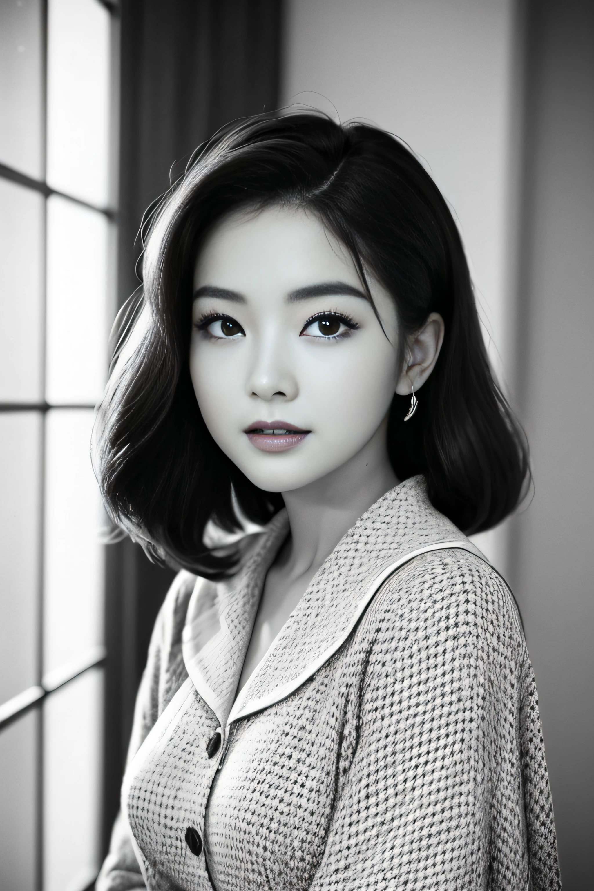 1womanl、(Solo:1.3)、(Super beautiful)、(ultra beautiful faces)、Japan actresses of the 1950s、(Clothes that were popular in the United States in the 1950s)、upperbody shot、(Monochrome photography)