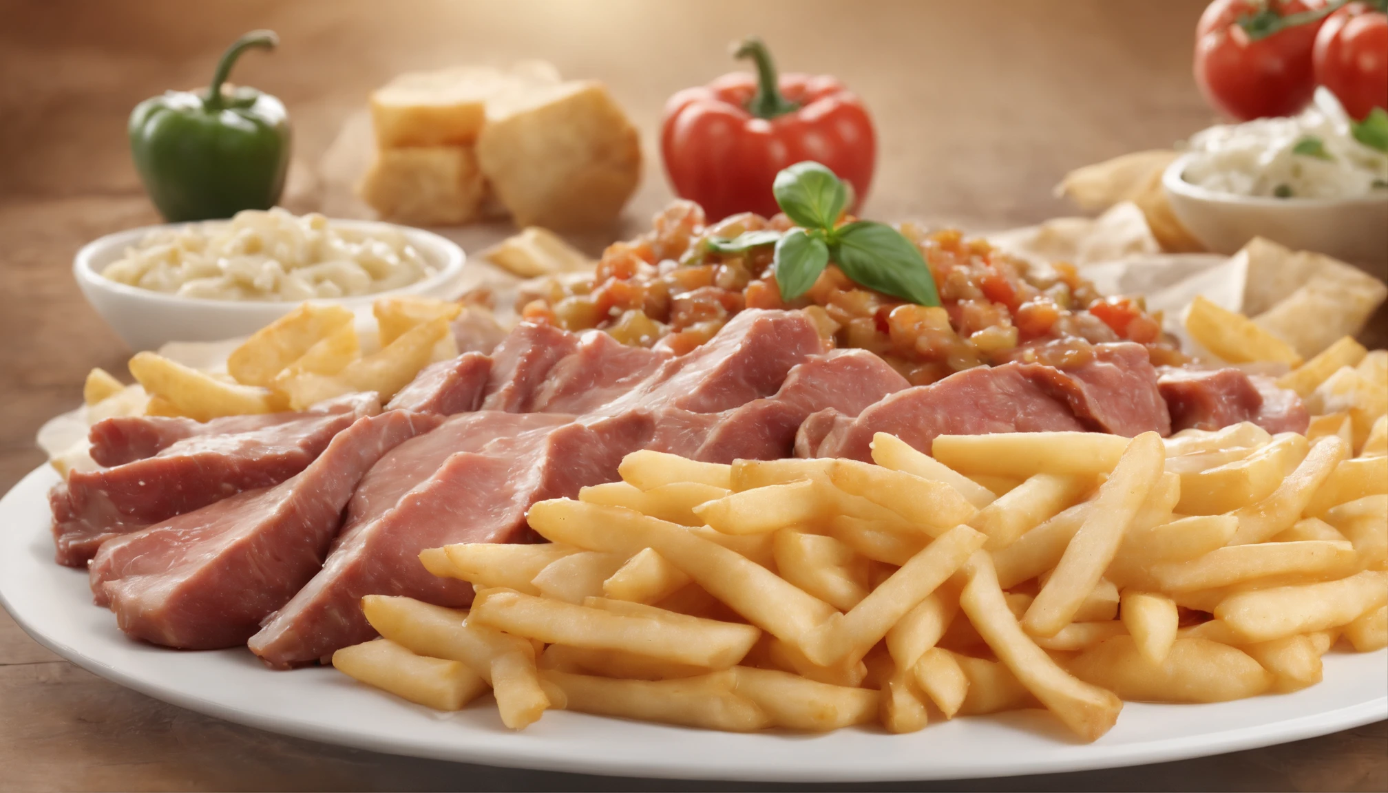 Primer plano de la pizarra con diferentes tipos de carne cocinada y cortada en cubos, carne de pollo en cubos cocinada, pimentones, cebollines, salsas a base de crema de leche, salsa de queso Cheddar, Hermosas etiquetas de marca, , Design Vector Design, con etiquetas. HiQuality, Etiquetas bonitas, Vector sticker design,un plato blanco grande , tabla de picoteo con carnes y papas fritas, sticker design, cartel arriba que diga SAL & PIMIENTA, Arte vectorial del logotipo, Poke-bowl illustrator vector graphics on pizza line written by crush