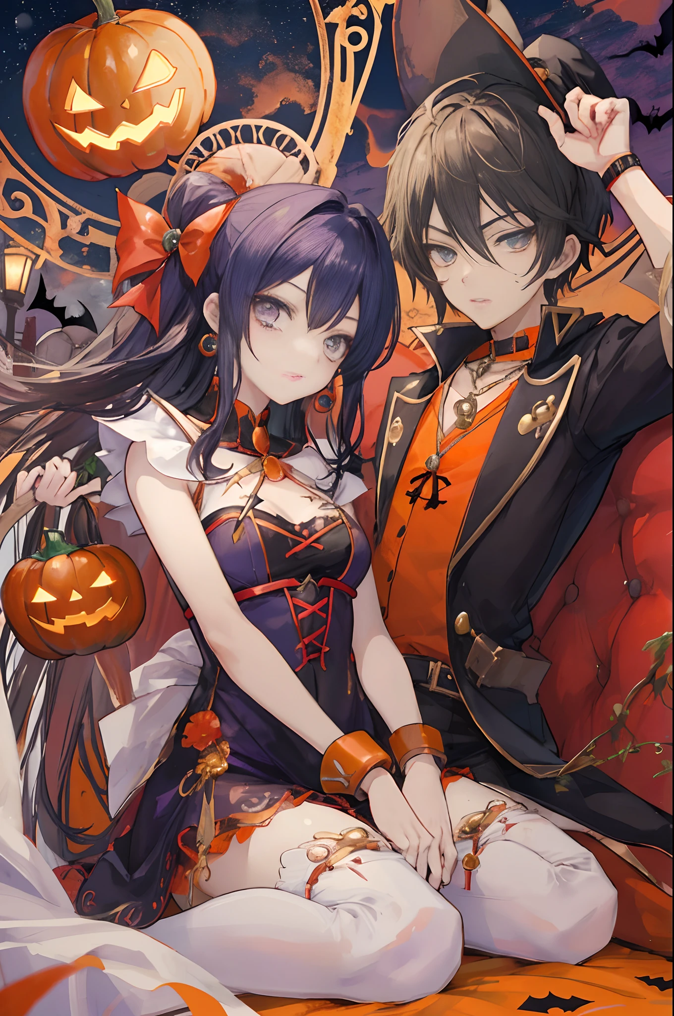 Anime boy and brunette girl in Halloween costumes with pumpkins on the background, tumblr, ❤🔥🍄🌪, Estilo aterrador, 🍂 Lindo, Estilo anime 2D, ✨🕌🌙, Estilo de arte de Halloween, Mysterious and somber art style, Akehiko Inoue y Ross Tran, con ojos brillantes, Estilo de arte espeluznante, ☁🌪🌙👩🏾, Ambiente de Halloween, ,