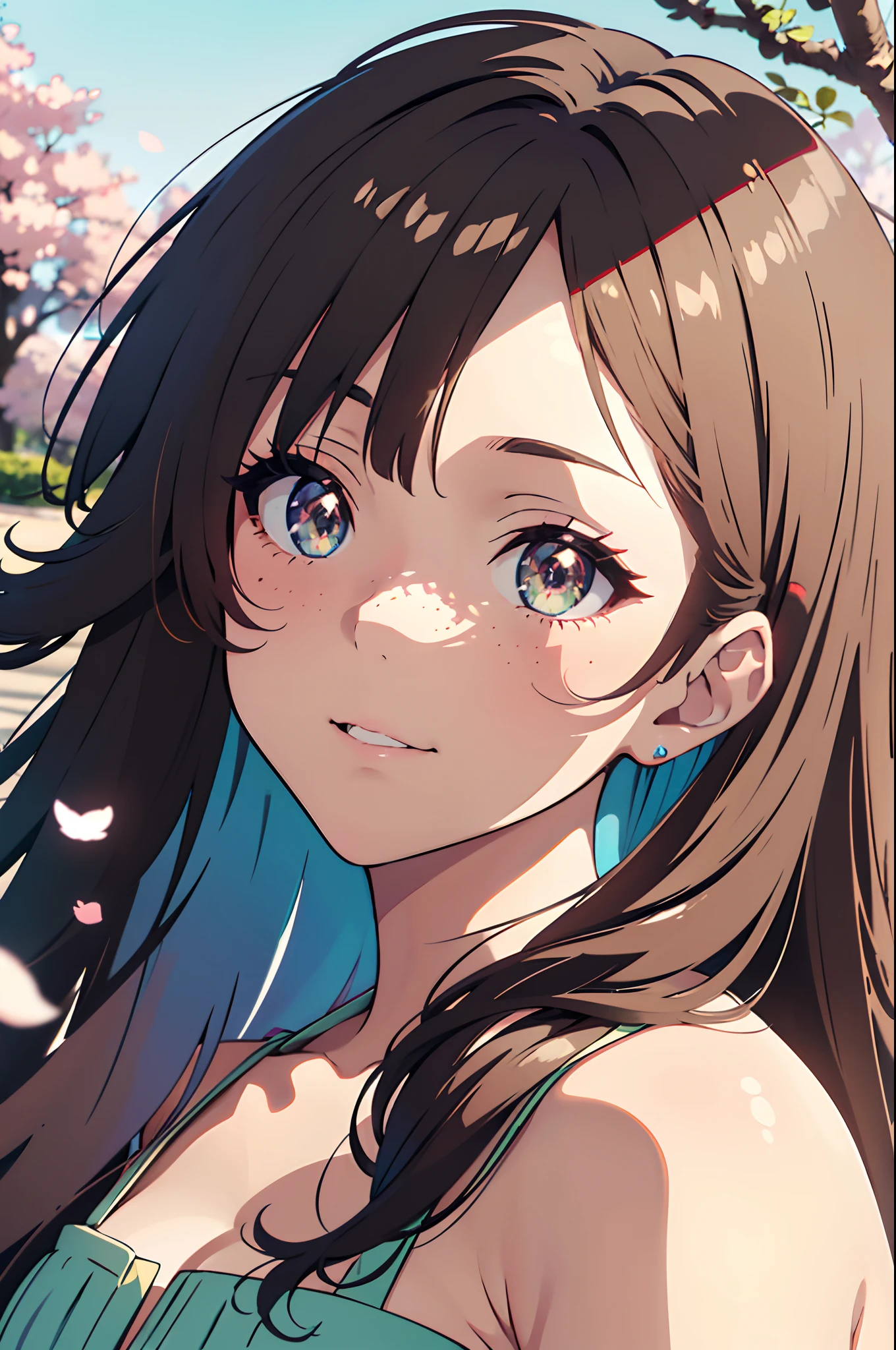 (best quality,highres,anime:1.2),ultra-detailed,(realistic:1.37),close-up of a woman with luminescent anime eyes,wavy pastel-colored hair,soft and flawless skin,natural blush,shimmering iridescent eyelids,playful and slightly mischievous smile,subtle freckles,dainty silver nose stud,vividly colored contact lenses,delicate eyelashes,elongated and sharply arched eyebrows,loosely tousled hair strands,luminous glow surrounding her,sparkling highlights on her face,ethereal and dreamlike atmosphere,colorful and vibrant background,subtle glimmers casting soft shadows,gentle breeze tousling her hair,delicate cherry blossom petals falling around her,lush greenery in the background,slight tilt to her head,expressive and captivating eyes,a sense of mystery and enchantment in her gaze
