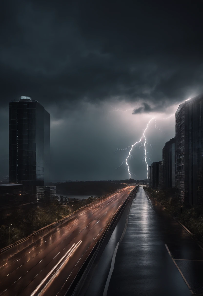 Crie um objeto gigante parecendo uma arquitetura abstrata e moderna com design linear com design de luz misterioso, The weather is rainy , Dramatic sky with dark clouds and lightning(melhor qualidade:1.23),(Realistic:1.24)8K landscape rendering