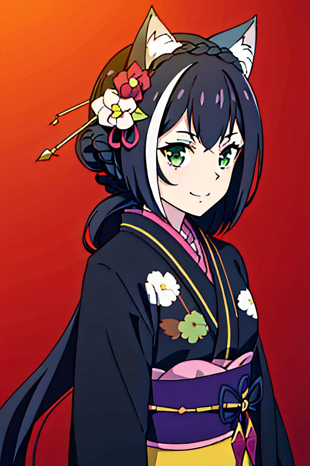 green eyes, very long hair, black hair, low twintails, 1girl, solo, upper body, facing viewer, looking at viewer, smile, karylnewyear, cat ears, cat tail, crown_braid, hair bun, black kimono, sash, obi, hair ornament, long sleeves, wide sleeves, hair flower, floral print,