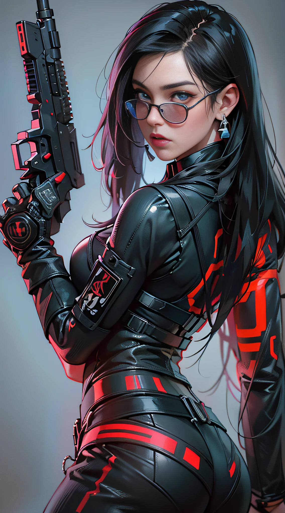 (best quality,realistic:1.37), ultra-detailed, highres, cyberpunk G.I. Joe woman, beautiful detailed eyes, sexy, beautiful detailed lips, extremely detailed face, long black hair, pretty girl, holding a gun, low cut black and red slim suit,glasses,1980's, action pose, ultra-fine painting, portrait, neon colors ,realism anime art style.