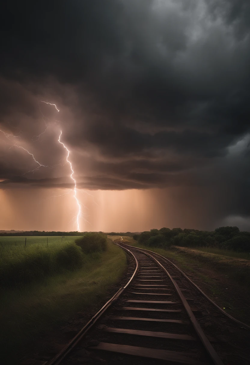 Crie um objeto gigante parecendo uma arquitetura de oscar niemayer com design linear com design de luz misterioso, The weather is rainy , Dramatic sky with dark clouds and lightning(melhor qualidade:1.23),(Realistic:1.24)8K landscape rendering