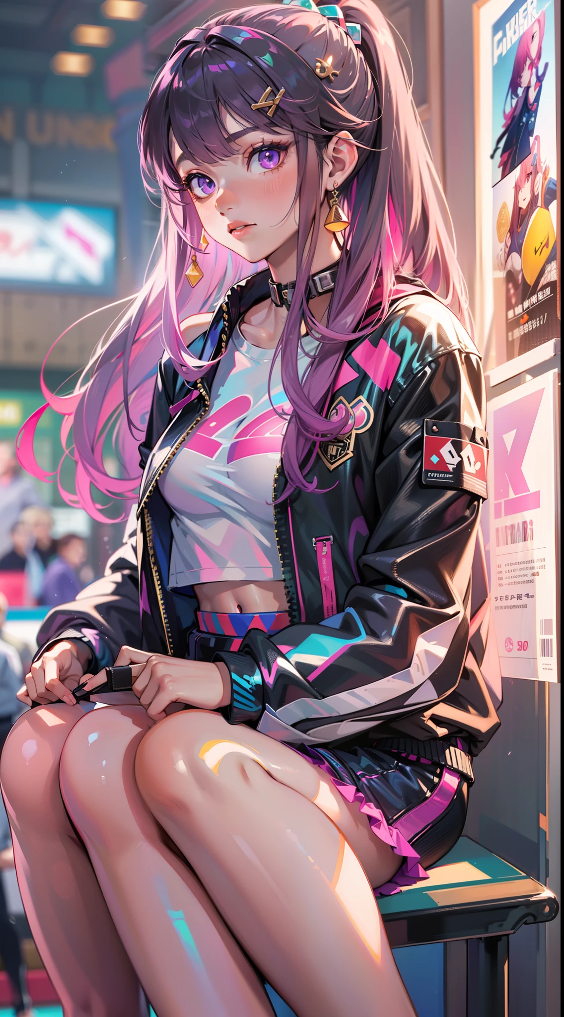 ((Masterpiece)), best quality, absurderes, ultra detailed, holographic, cowboy shot, golden ratio, super cute girl, mature girl, idol girl, super beautiful asian girl with very beautiful violet glowing eyes, beautiful glowing brown multicolored hair, high ponytail, nice and sexy body, slim body, perfect body, wearing a super tight anime printed leotard, an anime printed super tight off shoulder long sleeve crop top, a super aesthetic transparent mini jacket, beautiful hair ornament, pink jordan tennis, being photographed in a mall shop, with her handsome otaku skinny boyfriend, with black messy glowing hair