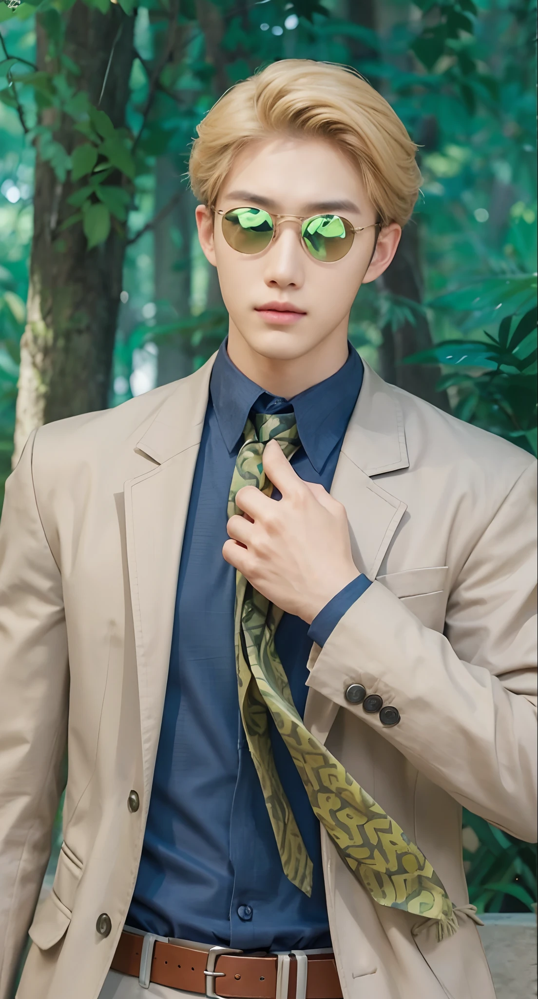 Real life adaption of this character, Korean handsome face,looking to viewer,realistic same hairstyle blonde color,realistic jungle with many grass background, hyper realistic, realistic light, realistic shadow, realism,(photorealistic:1.2), (realistic same outfit),wear realistic round glasses with green tint, realistic same outfit, realistic same belt, realistic same tie with same pattern