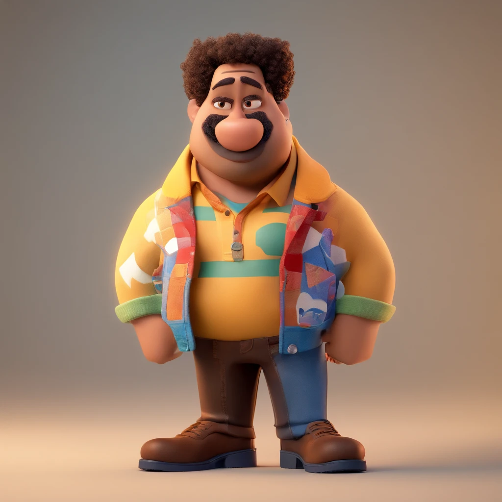 Create a character in the Pixar Disney style, a Caucasian white man with light brown afro hair, dark brown eyes, a mustache, two diamond earrings in the left ear, and a diamond nose piercing on the left side, wearing hip-hop clothing.