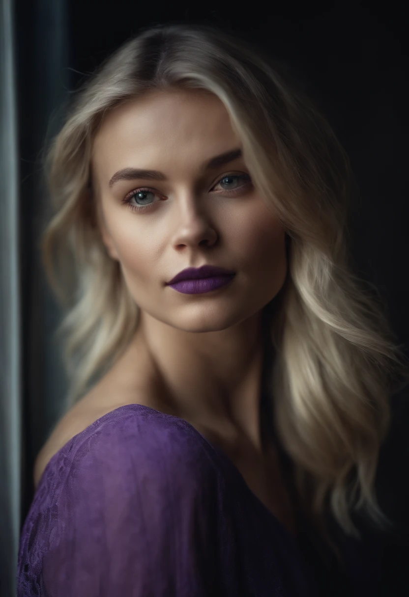Portrait of a beautiful thin blonde girl with a purple top