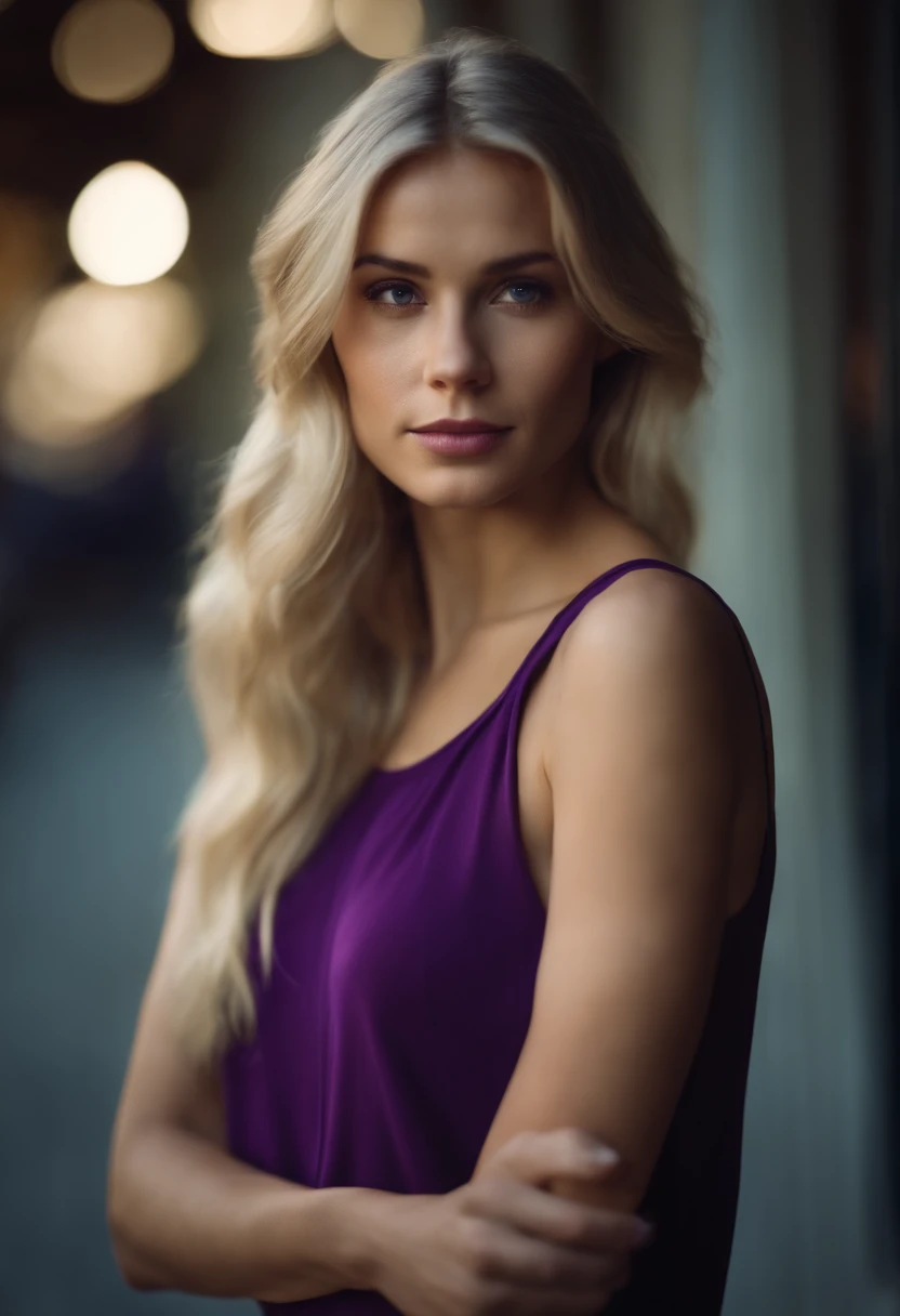 Portrait of a beautiful thin blonde girl with a purple top