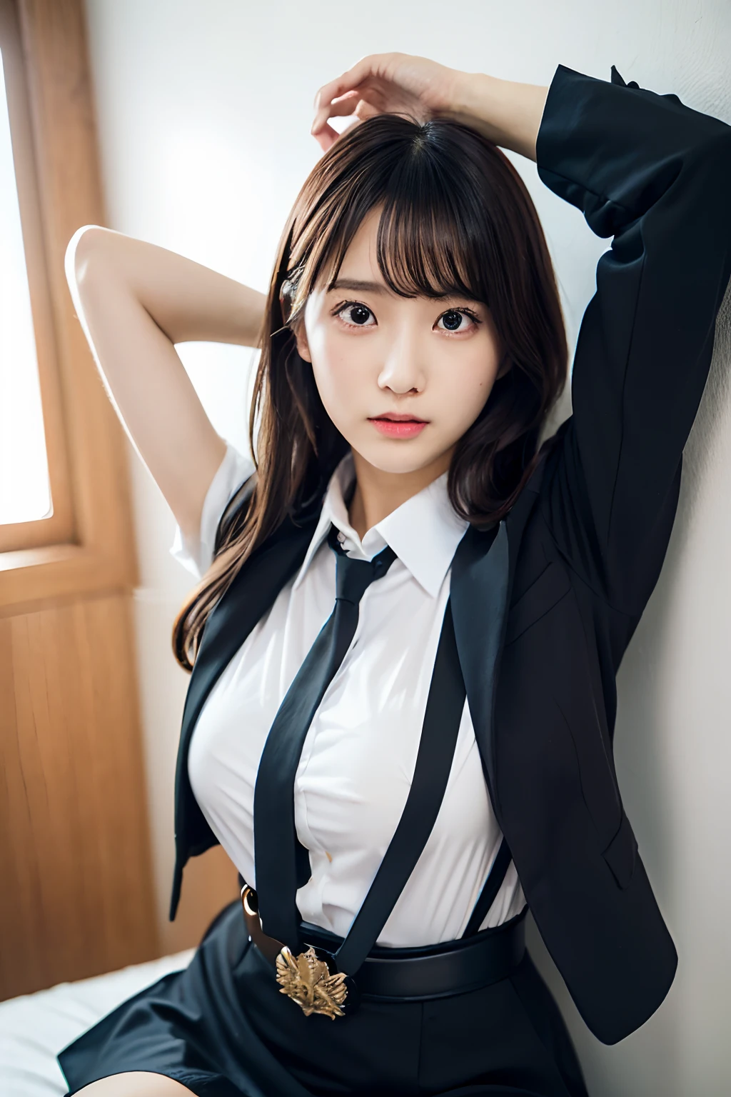 (masutepiece:1.2),High quality,vivd colour,flat-colors,Deep Depth Of Field,Lens Flare,1 girl,Black hair,eyecontact,Suit,Collared shirt,Belt bag,suspenders,Professional,Office Lady,Mature Women,Black mini skirt garterbelts knee high Stockings Black Niso Colorcon armpit sweat perspiring Side of both hands,Black jacket,Gaze,ample bosom,Armpit sweat,Exposing the armpits"Pichi Pichi clothes Under the bed