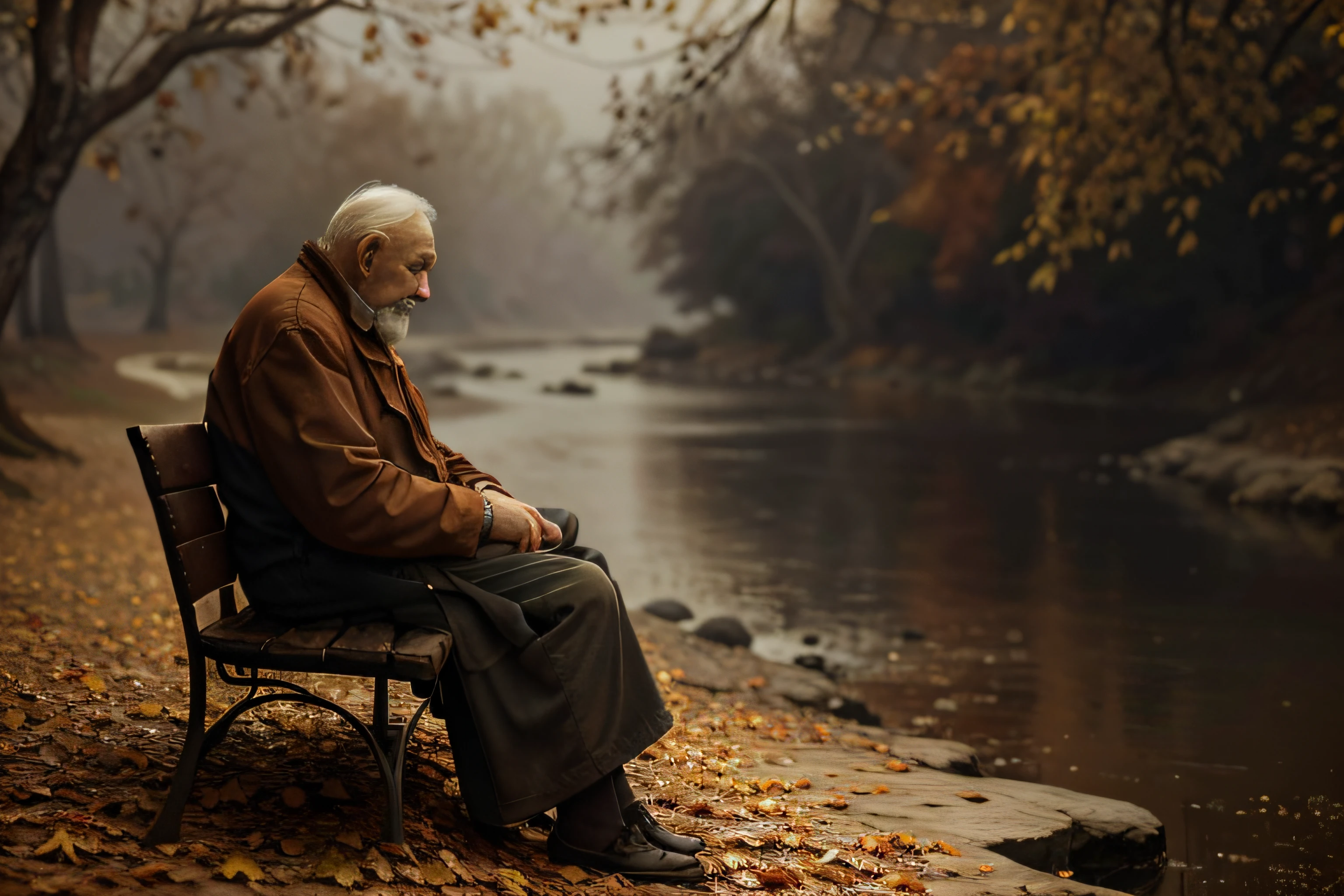 oil painting of an old man sitting on a bench, autumn, staring at a river, dry leaves, melancholic scene, oil painting style, detailed depiction, vivid colors, soft lighting, realistic rendering, high-resolution (8k), autumn-tinged color palette