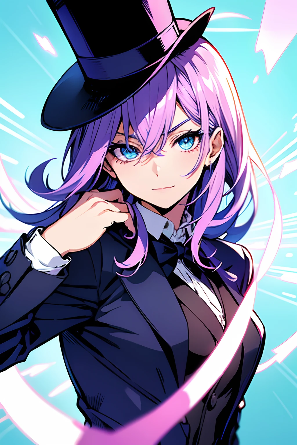 Anime character dressed in tuxedo and top hat with a magic wand, Maga Feminina, cabelo azul longo, Marin Kitagawa Fanart, anime moe artstyle, Magia, Preto - Mago Cabelo, Arte Oficial do personagem, magic uniform, KDA, Retrato completo do elementalista, Gatilho Estilo de Arte de Anime, magia de elenco de bruxa de anime de paquera, Arte Oficial, Mago Celestial Lindo, Arte Zerochan