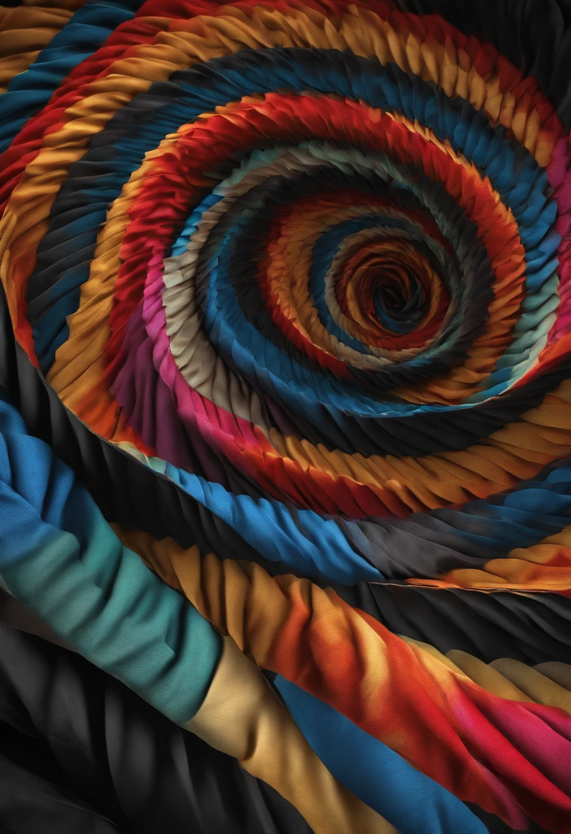 spiral shape made from scraps of very colorful printed Latin fabric. Whipala spring shaped spiral with black background with hyperrealistic latin fabric patchwork, hyperrealistic texture, high definition, hyperrealistic texture, high definition, 3D rendering, photo, cinematic, concept art