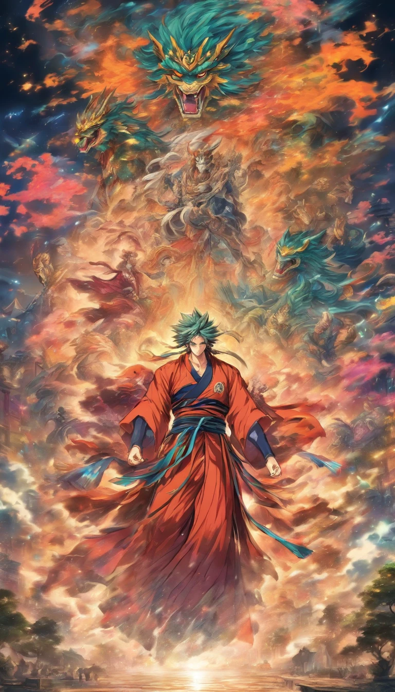 An authoritative elder standing on a high platform, wearing gorgeous robes, Staring fiercely at the two young men, Holding a long whip in his hand, Spacious martial arts field，Surrounded by a tense and oppressive atmosphere, ,32K, Best quality, Masterpiece, Super detail, High detail in Yoshiyo Monogatari anime style