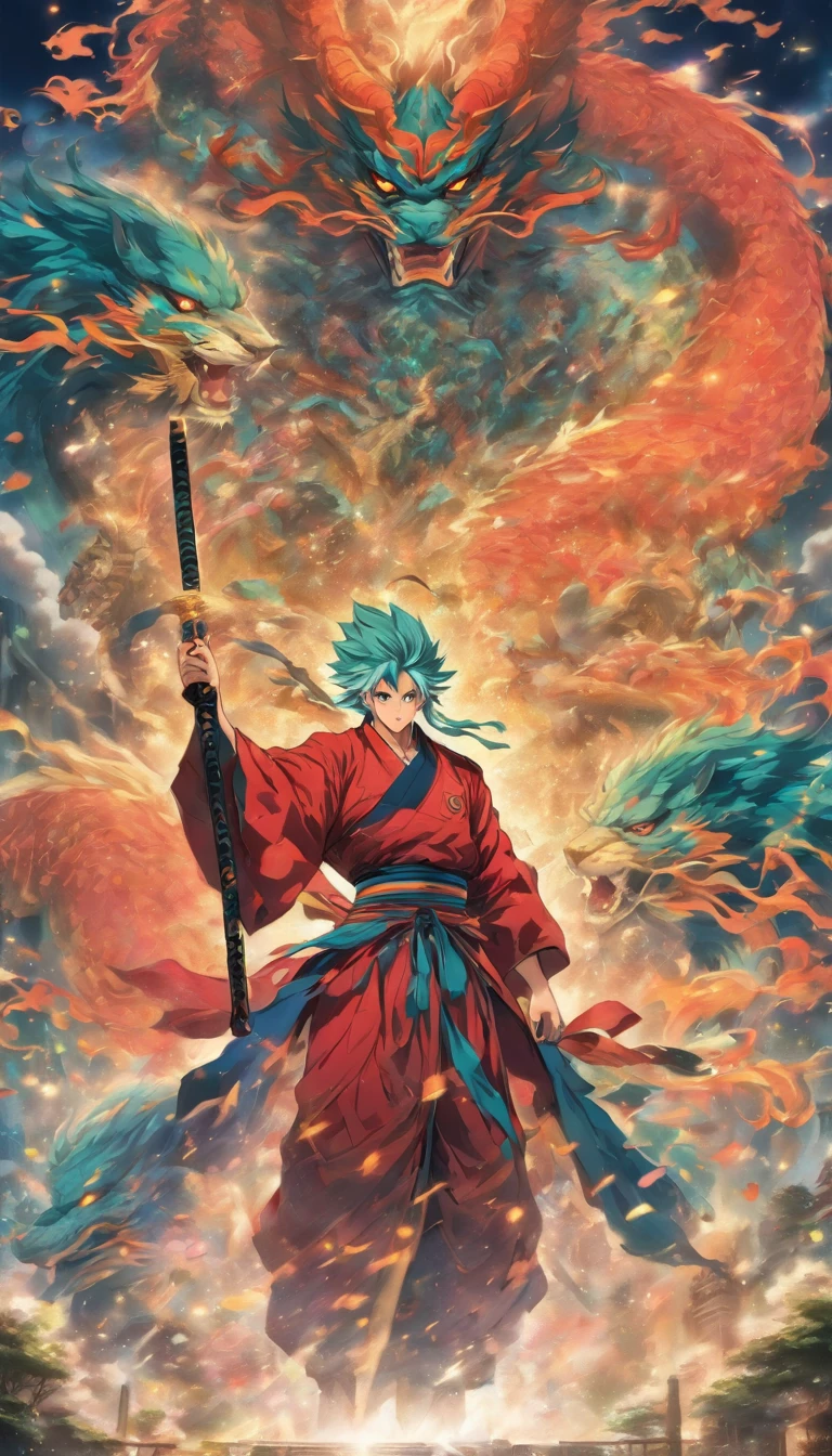 An authoritative elder standing on a high platform, wearing gorgeous robes, Staring fiercely at the two young men, Holding a long whip in his hand, Spacious martial arts field，Surrounded by a tense and oppressive atmosphere, ,32K, Best quality, Masterpiece, Super detail, High detail in Yoshiyo Monogatari anime style