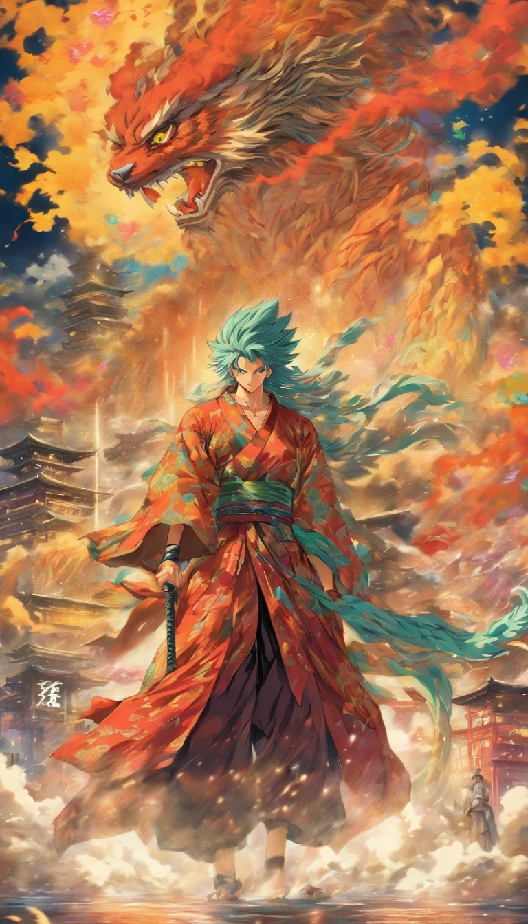 An authoritative elder standing on a high platform, wearing gorgeous robes, Staring fiercely at the two young men, Holding a long whip in his hand, Spacious martial arts field，Surrounded by a tense and oppressive atmosphere, ,32K, Best quality, Masterpiece, Super detail, High detail in Yoshiyo Monogatari anime style