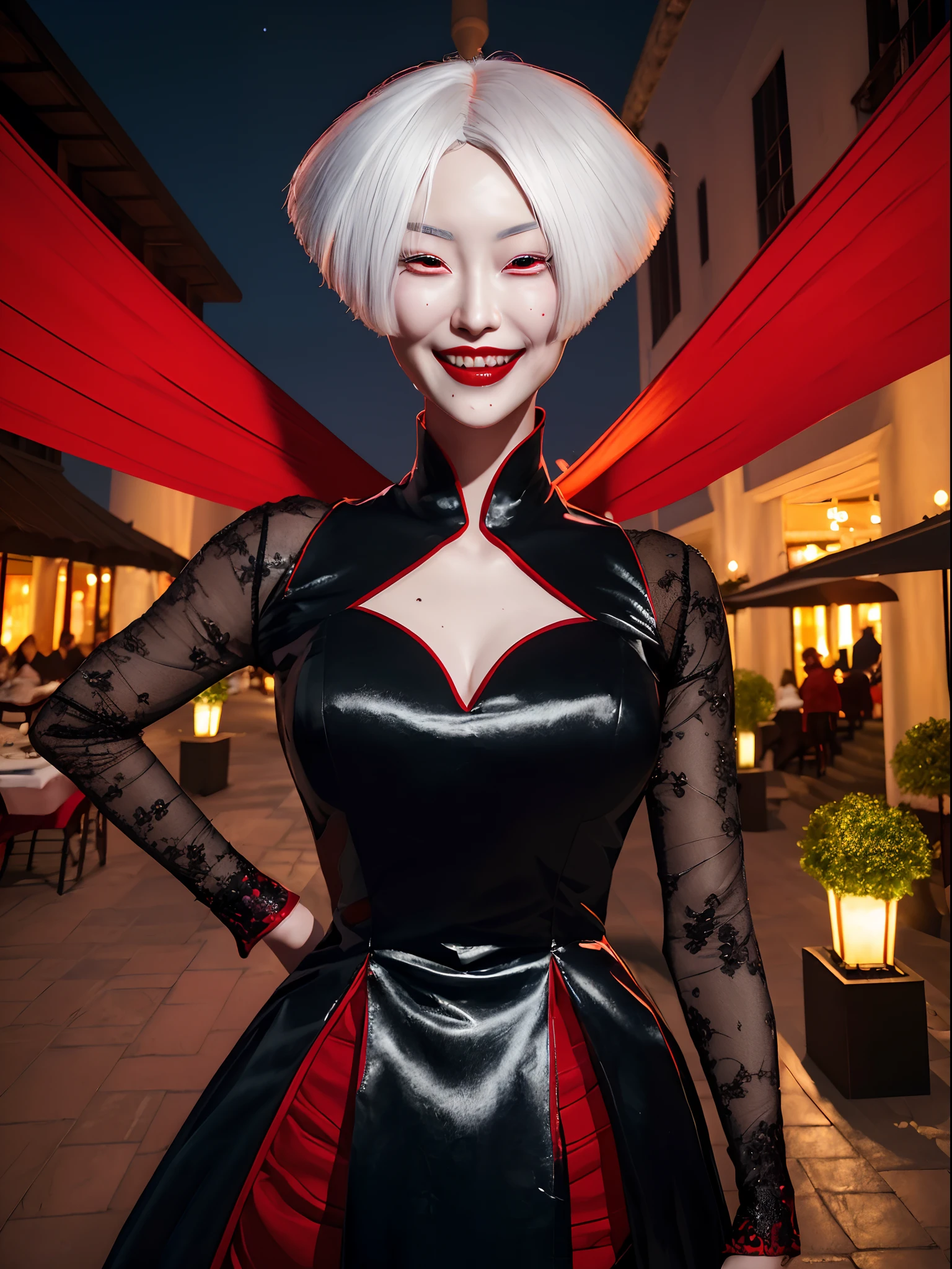 AKI,  white hair,  mole under mouth ,  red eyes, red lips, 
black dress, pelvic curtain, hips,    long sleeves,  covered ,  
standing,  upper body, happy, teeth,  
smile,  from below, 
outdoors, night,  restaurant, 
(insanely detailed, beautiful detailed face, masterpiece, best quality) cinematic lighting,(solo:1.6),