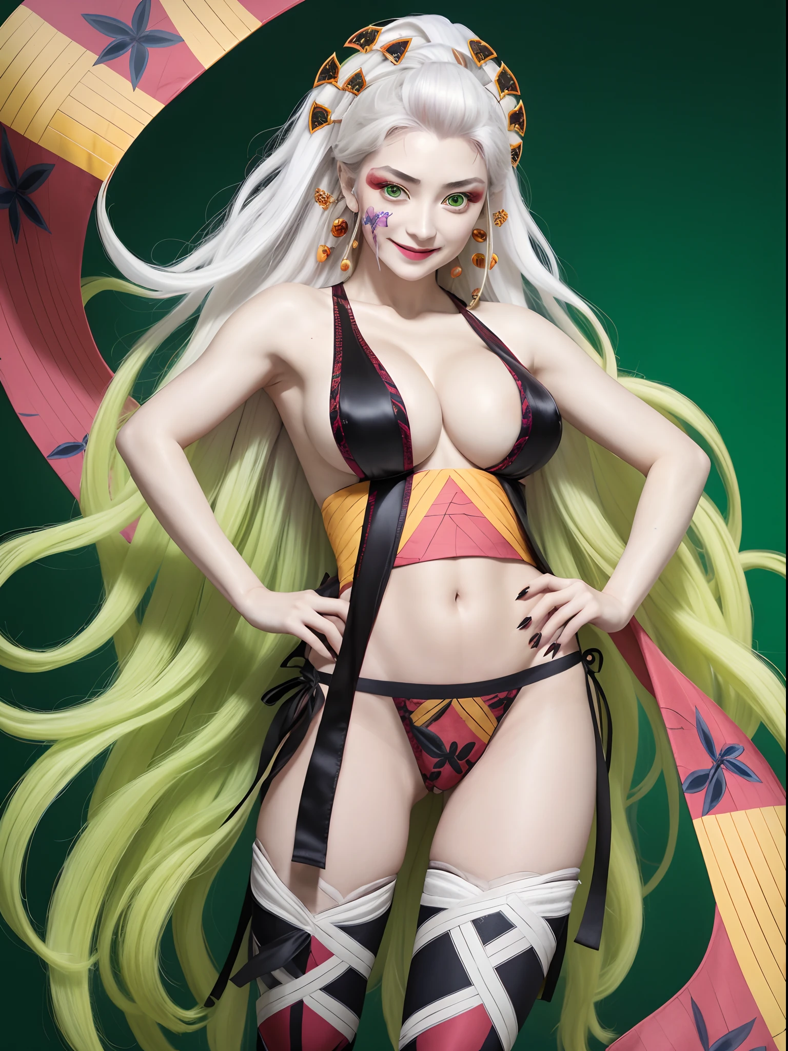 masterpiece, best quality, DakiV4, 1girl, solo, white skin, long hair, breasts, looking at viewer, smile, hair ornament, thighhighs, cleavage, very long hair, underwear, panties, white hair, multicolored hair, green hair, makeup, fingernails, hands on hips, gradient hair, facial mark