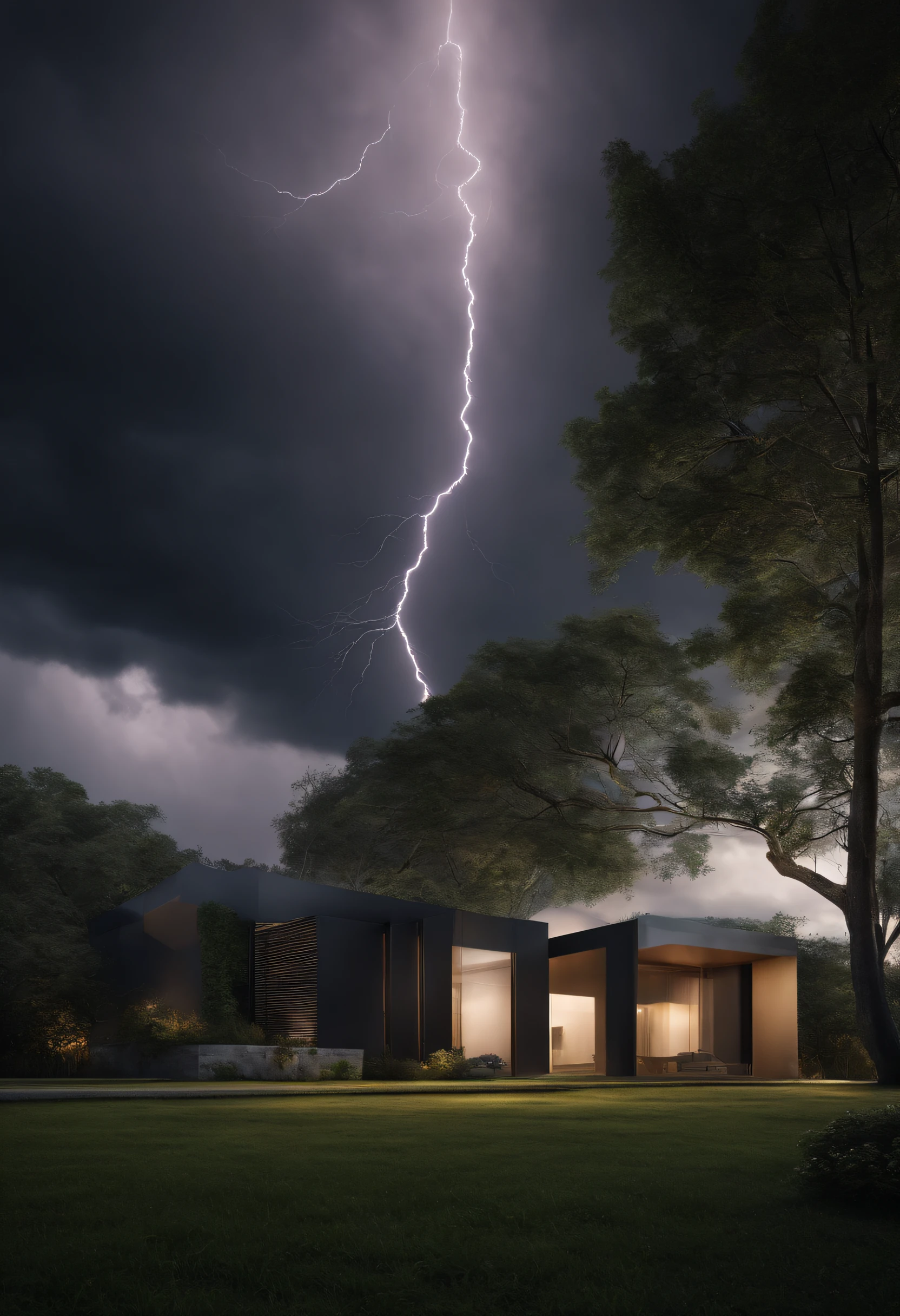 Crie um objeto gigante parecendo uma arquitetura abstrata e moderna com design linear com design de luz misterioso, The weather is rainy , Dramatic sky with dark clouds and lightning(melhor qualidade:1.23),(Realistic:1.24)8K landscape rendering