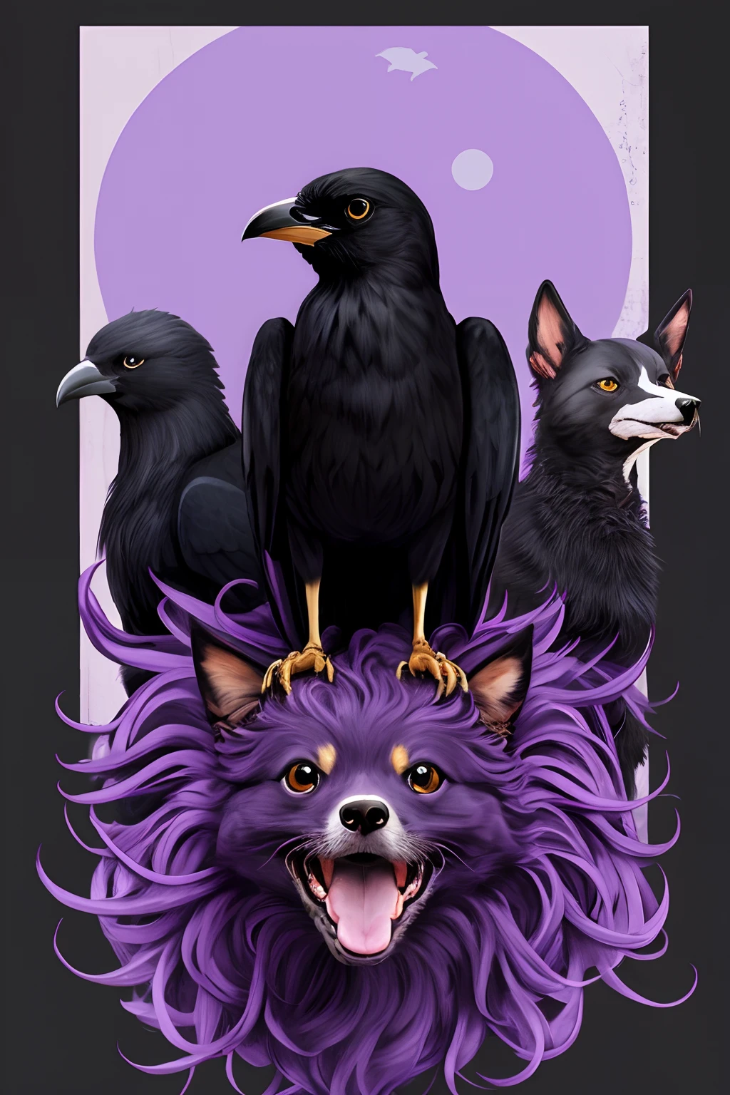 crow as a cerberus with theee heads and purple theme