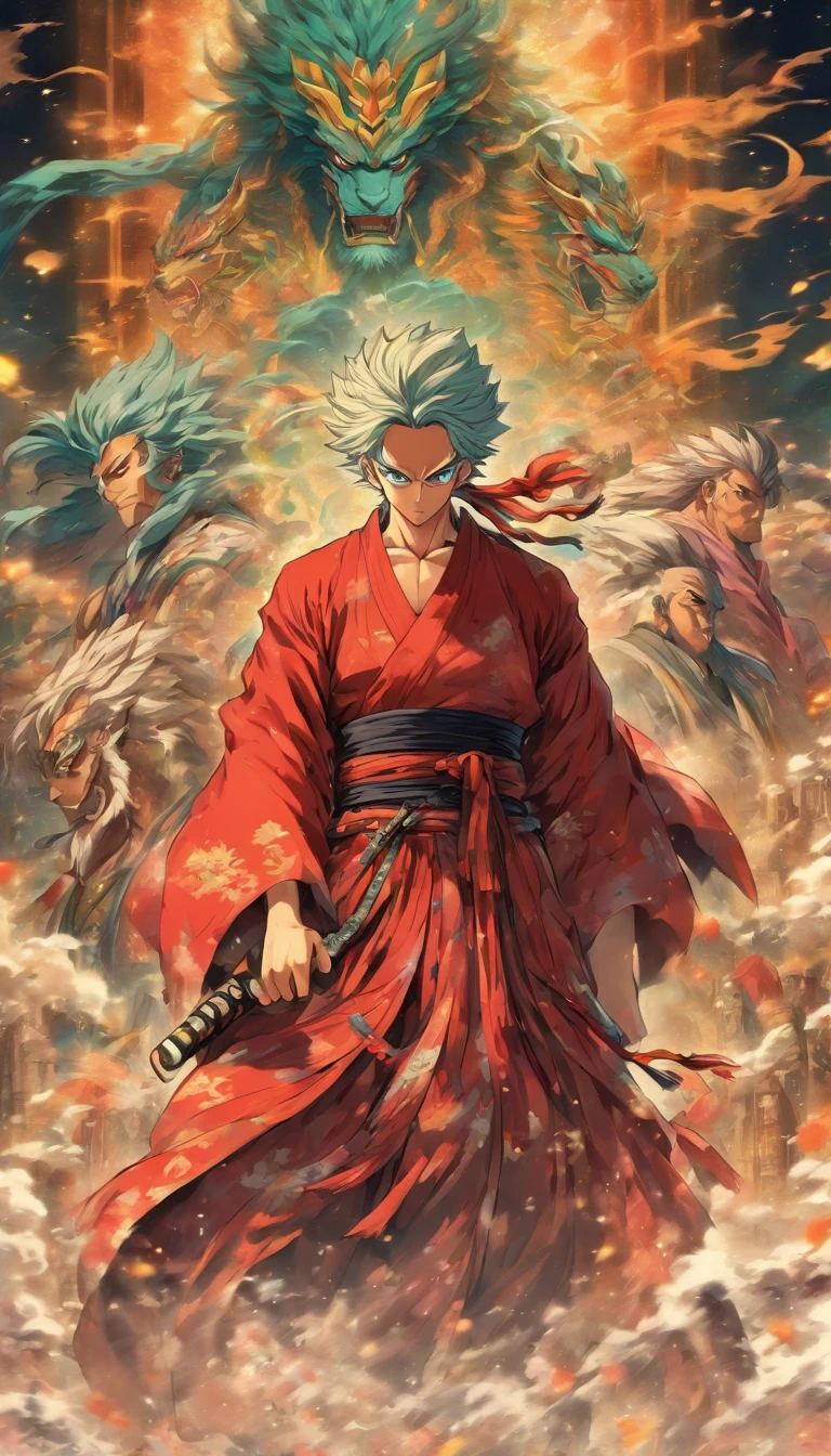 An authoritative elder standing on a high platform, wearing gorgeous robes, Staring fiercely at the two young men, Holding a long whip in his hand, Spacious martial arts field,Surrounded by a tense and oppressive atmosphere, ,32K, Best quality, Masterpiece, Super detail, High detail in Yoshiyo Monogatari anime style