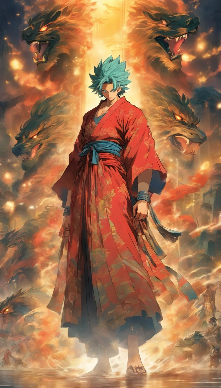 An authoritative elder standing on a high platform, wearing gorgeous robes, Staring fiercely at the two young men, Holding a long whip in his hand, Spacious martial arts field,Surrounded by a tense and oppressive atmosphere, ,32K, Best quality, Masterpiece, Super detail, High detail in Yoshiyo Monogatari anime style