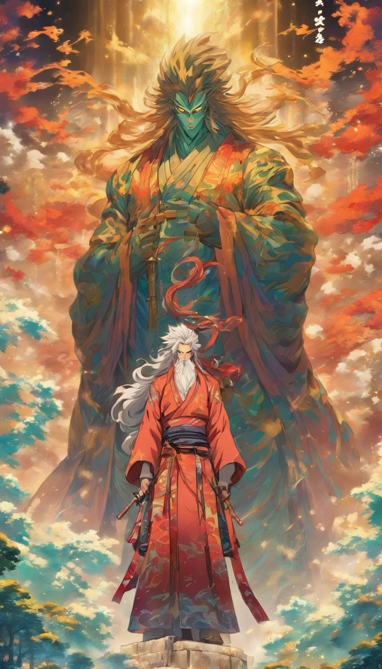 An authoritative elder standing on a high platform, wearing gorgeous robes, Staring fiercely at the two young men, Holding a long whip in his hand, Spacious martial arts field，Surrounded by a tense and oppressive atmosphere, ,32K, Best quality, Masterpiece, Super detail, High detail in Yoshiyo Monogatari anime style