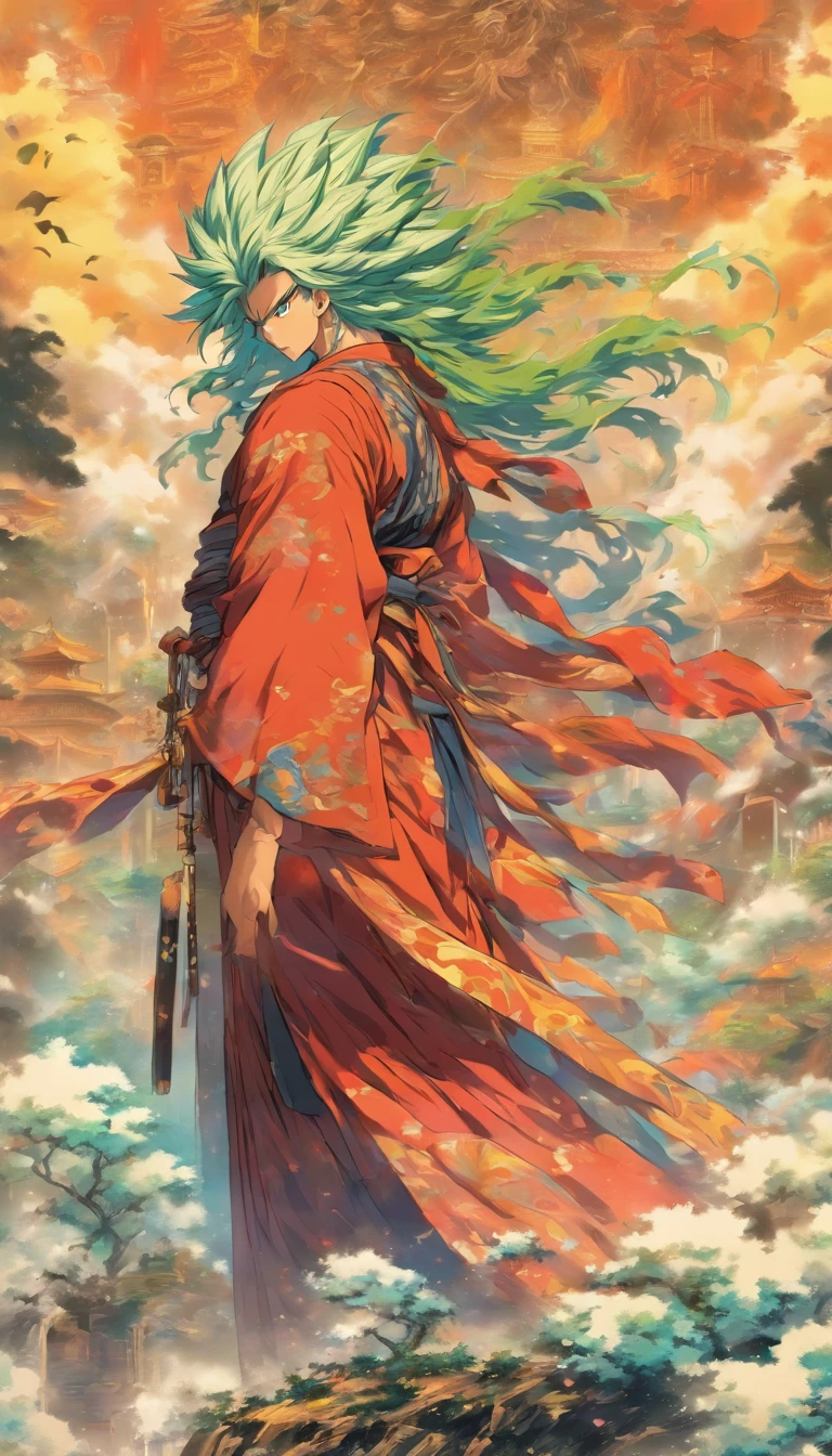 An authoritative elder standing on a high platform, wearing gorgeous robes, Staring fiercely at the two young men, Holding a long whip in his hand, Spacious martial arts field,Surrounded by a tense and oppressive atmosphere, ,32K, Best quality, Masterpiece, Super detail, High detail in Yoshiyo Monogatari anime style