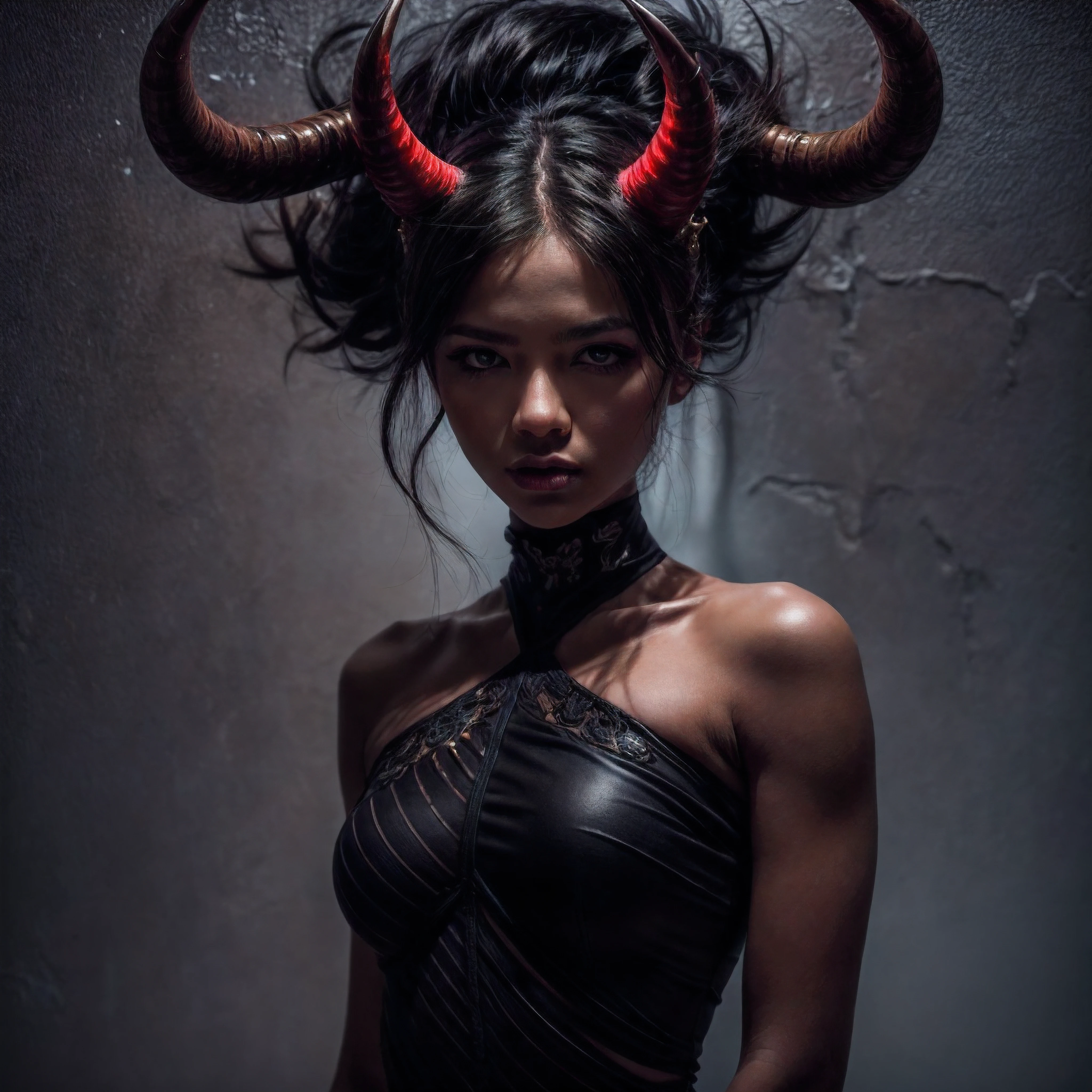 (Cinematic, emotional:1.3), (dynamic pose:1.2), (complex image:1.2), portrait of a menacing horned devil made of tar, in a confident pose against a black stone backdrop, surrounded by luminous red particles, voluminous black hair highlighted, contour light, confident expression profiled, semi-closed eyes, (strong body, small breasts, black accents), the photograph captured in stunning 8k resolution and raw format to preserve the highest quality of details, (her eyes are portrayed with meticulous attention to detail: 1.3), The photograph is taken with a lens that emphasizes the depth in her eyes, the backdrop is a dark room setting that enhances the colours of the scene. The lighting and shadows are expertly crafted to bring out the richness of her skin tone and the intense atmosphere. Her hair adds contrast against her skin, the overall composition captures her essence with authenticity and grace, creating a portrait that celebrates her heritage and beauty. Photography utilizing the best techniques for shadow and lighting, to create a mesmerizing portrayal that transcends the visual,