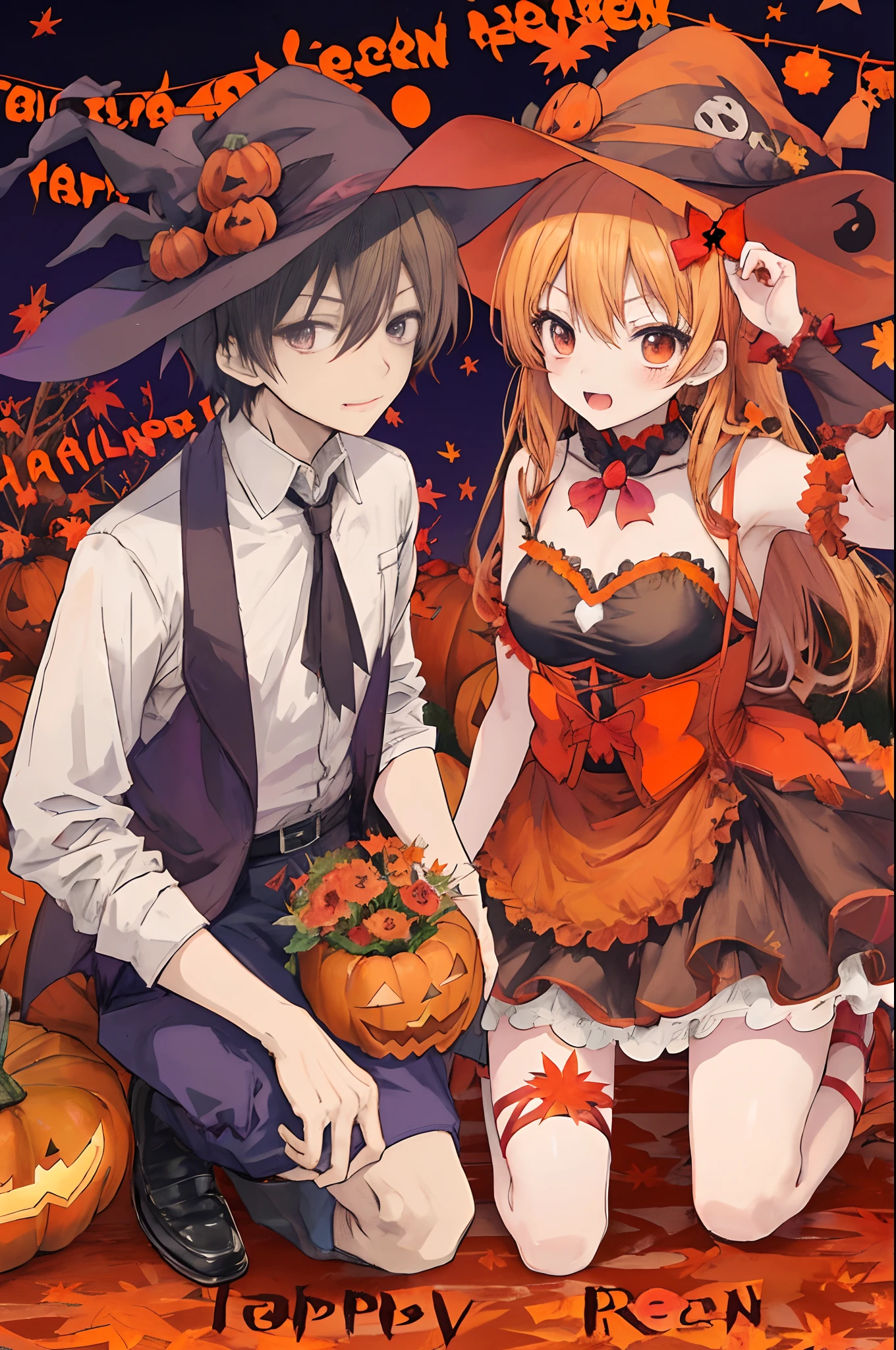 anime couple dressed in halloween costumes standing in front of pumpkins, trick or treat, loli, 🍂 cute, halloween celebration, by Kamagurka, halloween theme, zerochan, halloween night, halloween art style, zerochan art, 🍁 cute, in a halloween style, halloween atmosphere, kawacy, halloween, ❤🔥🍄🌪, happy!!!