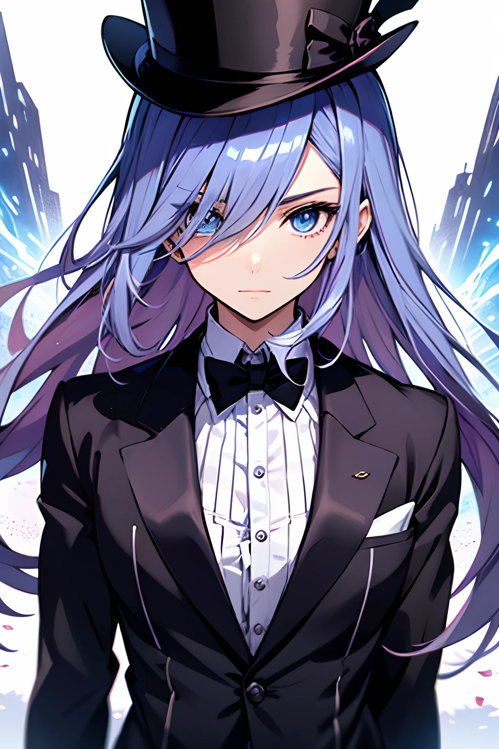 Anime character dressed in tuxedo and top hat with a magic wand, Maga Feminina, cabelo azul longo, Marin Kitagawa Fanart, anime moe artstyle, Magia, Preto - Mago Cabelo, Arte Oficial do personagem, magic uniform, KDA, Retrato completo do elementalista, Gatilho Estilo de Arte de Anime, magia de elenco de bruxa de anime de paquera, Arte Oficial, Mago Celestial Lindo, Arte Zerochan