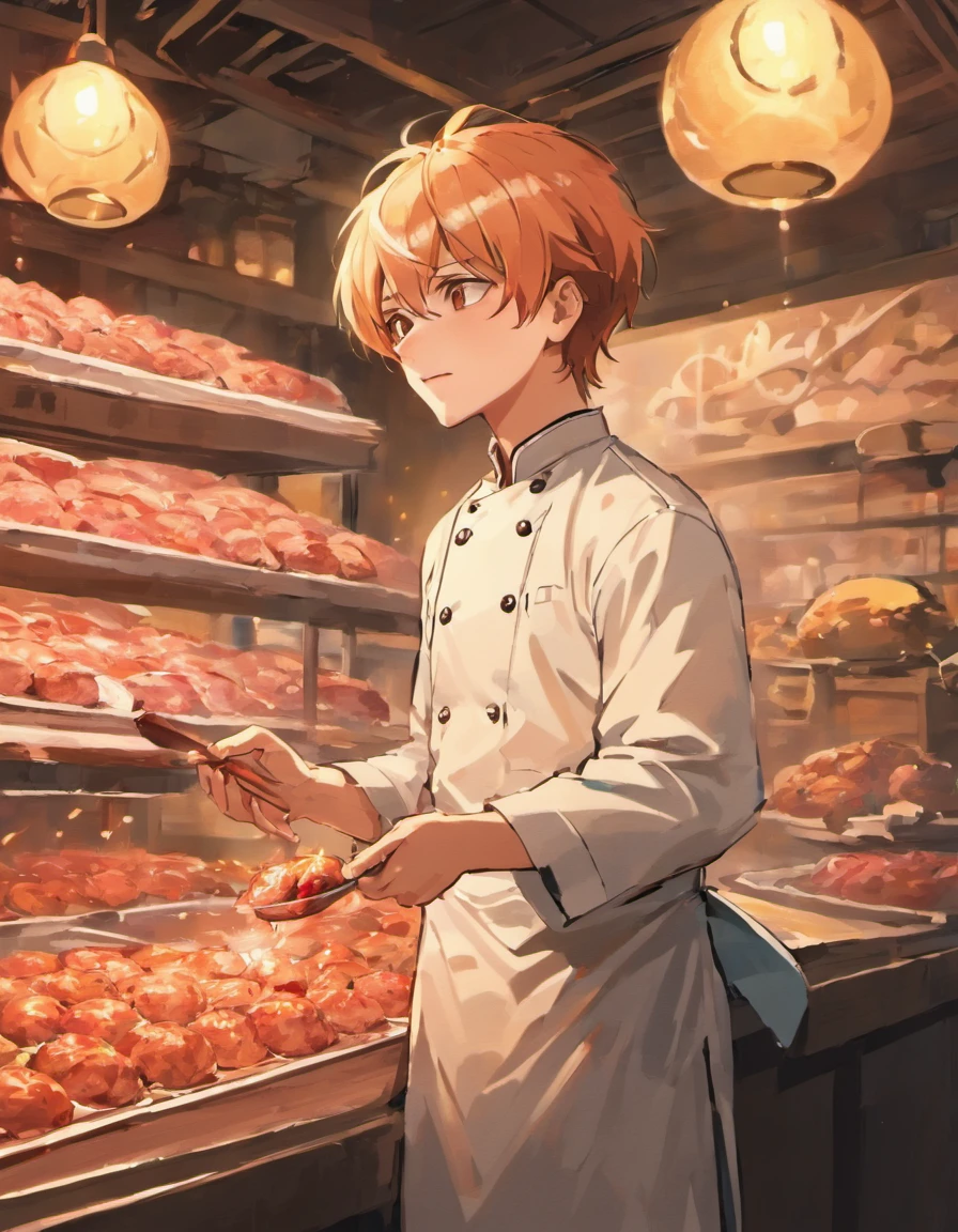 Cute  young and promising male chef standing in front of a stall，Making Homemade Beef Meatballs