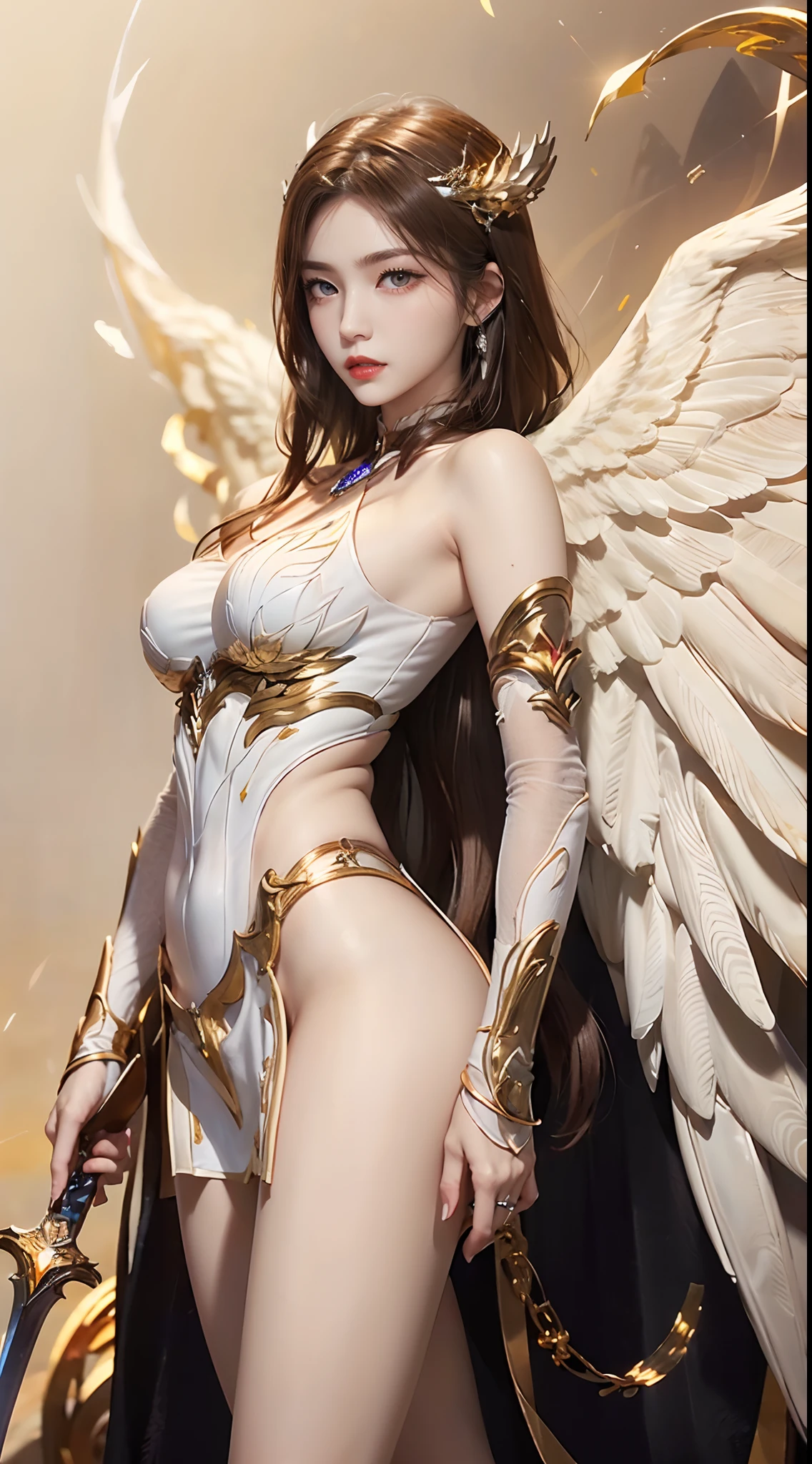 (top body) landscape background, masterpiece,best quality,(light cream gradient background:1.1) ,nahida, genshin impack(fullmoon)(moonlight)(stars)(She is wearing a gold headband with black gems, she is wearing a pearly white female armor with gold trim, she is holding a gold long sword with light purple gems in her right hand) (girl like Qian Renxue )(there are six pair big golden angel wings was burn into flame grow up on her both shoulder)(golden hair)(white skin)(blonde hair)(top body)(top body view)(top rear view)(long shot)