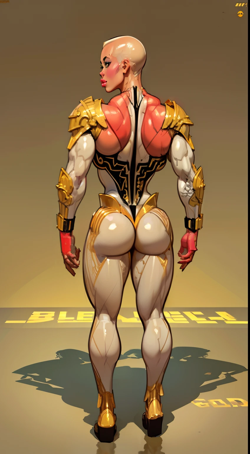 8k ((above view:1.3)), ((full body view))((back view:1.4))(large eyes:1.3), defined cheekbones, looking back, ((the pit style:1.4))((sleek dark tan bodysuit:1.6)) ((intricate lace details:1.6))detailed face:1.5), blue skin,(puffy lips:1.5) (blue skin:1.6), (bald woman:1.7), (skinhead) ((sexy pose)),((((Muscular:1.5)))), ((gigantic breasts:1.5)), )highly detailed, Volumetric lighting, baroque oil painting by Greg Rutkowski, Artgerm, WLOP, dynamic angle,((intricate neon lines on bodysuit:1.3)), majestic, digital photography, best shadow, light particles, art by artgerm and ruan jia and greg rutkowski, ((gold shoulder pads:1.6)), (masterpiece), sidelighting, intricate details, (((gold and tan color palette))), gold ass, tan legs, reflective metal material