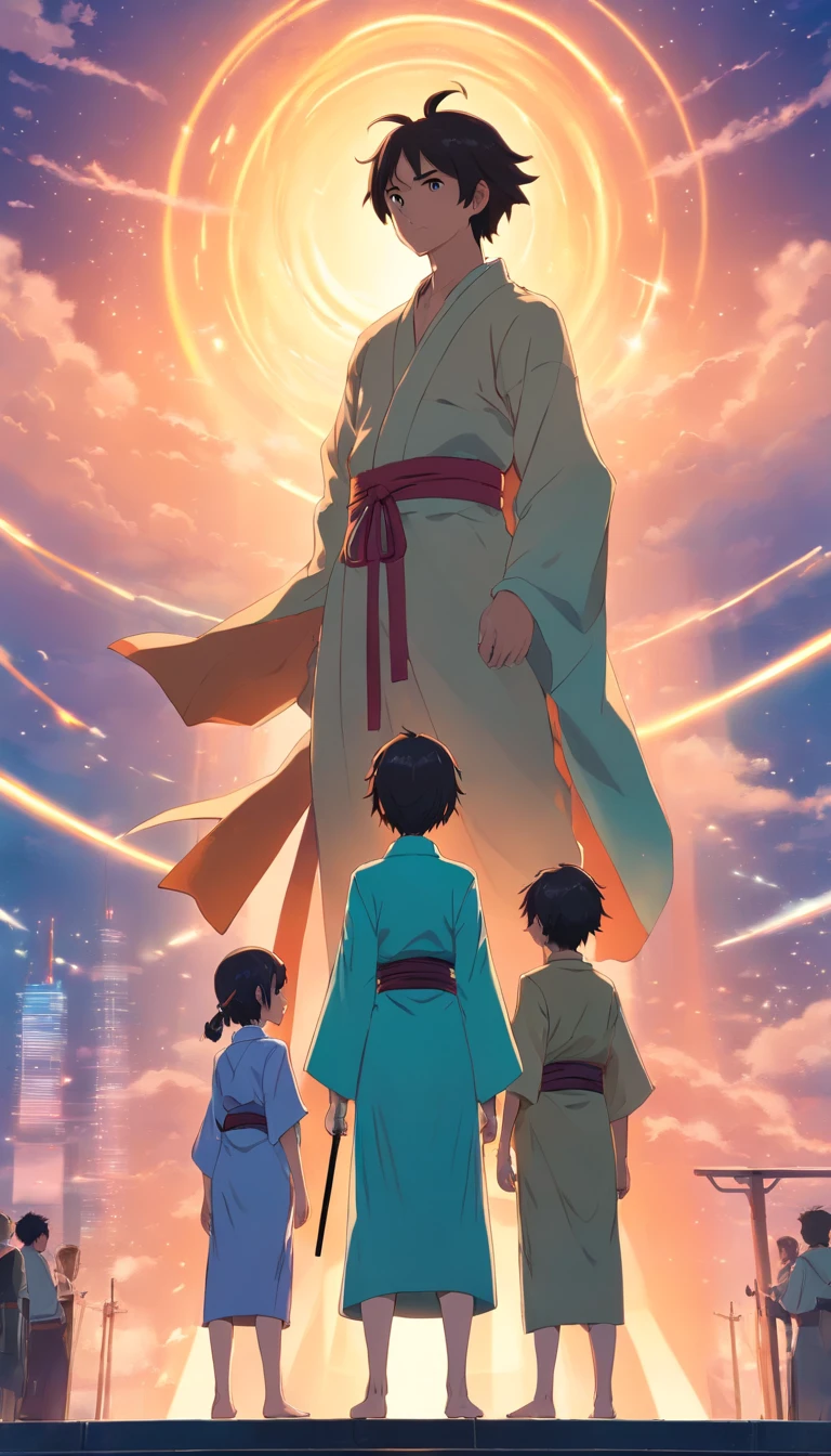 An authoritative elder standing on a high platform, wearing gorgeous robes, Staring fiercely at the two young men, Holding a long whip in his hand, Spacious martial arts field,Surrounded by a tense and oppressive atmosphere, ,32K, Best quality, Masterpiece, Super detail, High detail in Yoshiyo Monogatari anime style