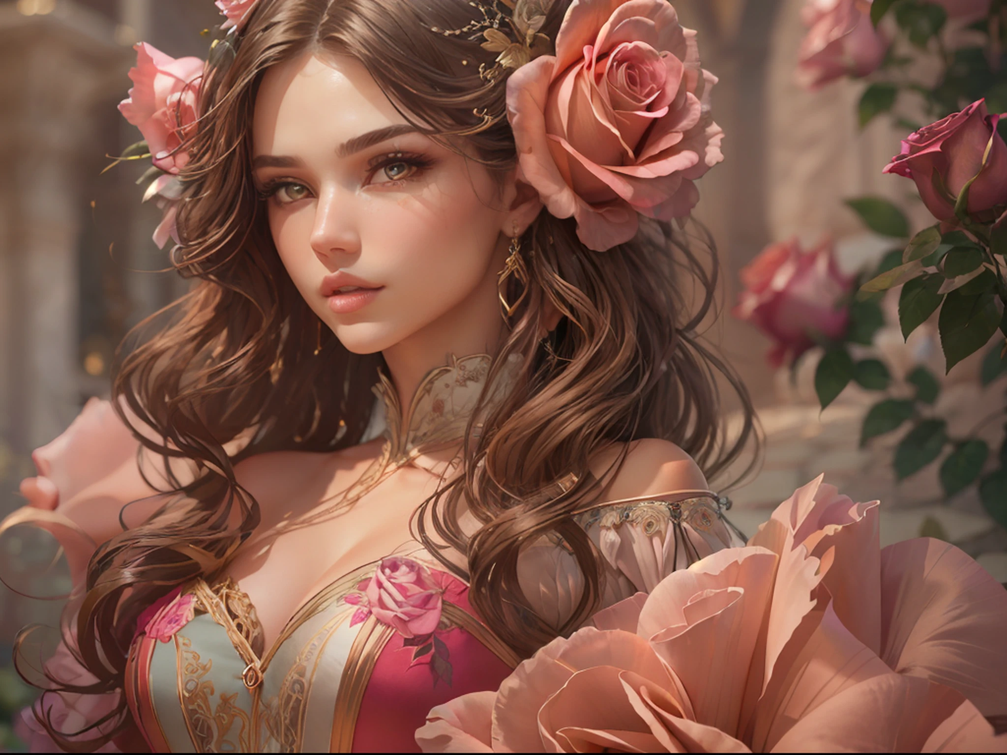 This is realistic fantasy artwork set in the castle's enchanted rose garden. Generate a proud woman with a highly detailed face dressed in the billowing folds of a stunning French silk ballgown. The woman's sweet face is ((((highly detailed, with realistic features and soft, puffy lips.)))) The ballgown is embellished with ruffles, sashes, and bows and a delicately, but intricately, hand-embroidered bodice. The corset features silk ribbon. The woman's stunning eyes are beautifully detailed, featuring realistic shading and multiple colors and high resolution. The woman is in a garden of eternal roses, each one beautifully formed and highly detailed. These realistic roses feature shimmering shades of pink, yellow, orange, and glimmering red. The eternal rose is a deep shade of red with shimmering pink overtones and undertones. Ensure that the woman's face, hair, and eyes are perfect. realism, high fantasy, whimsical fantasy, storybook fantasy, fairytale fantasy, fantasy details, enchanting, bewitching, 8k, hires, cgi, digital painting, unity, unreal engine, (((masterpiece))), intricate, elegant, highly detailed, majestic, digital photography, art by artgerm and ruan jia and greg rutkowski, (masterpiece, finely detailed beautiful eyes: 1.2), hdr, realistic skin texture, (((1woman))), (((solo))), Include a highly detailed face, extremely detailed face, and interesting background.