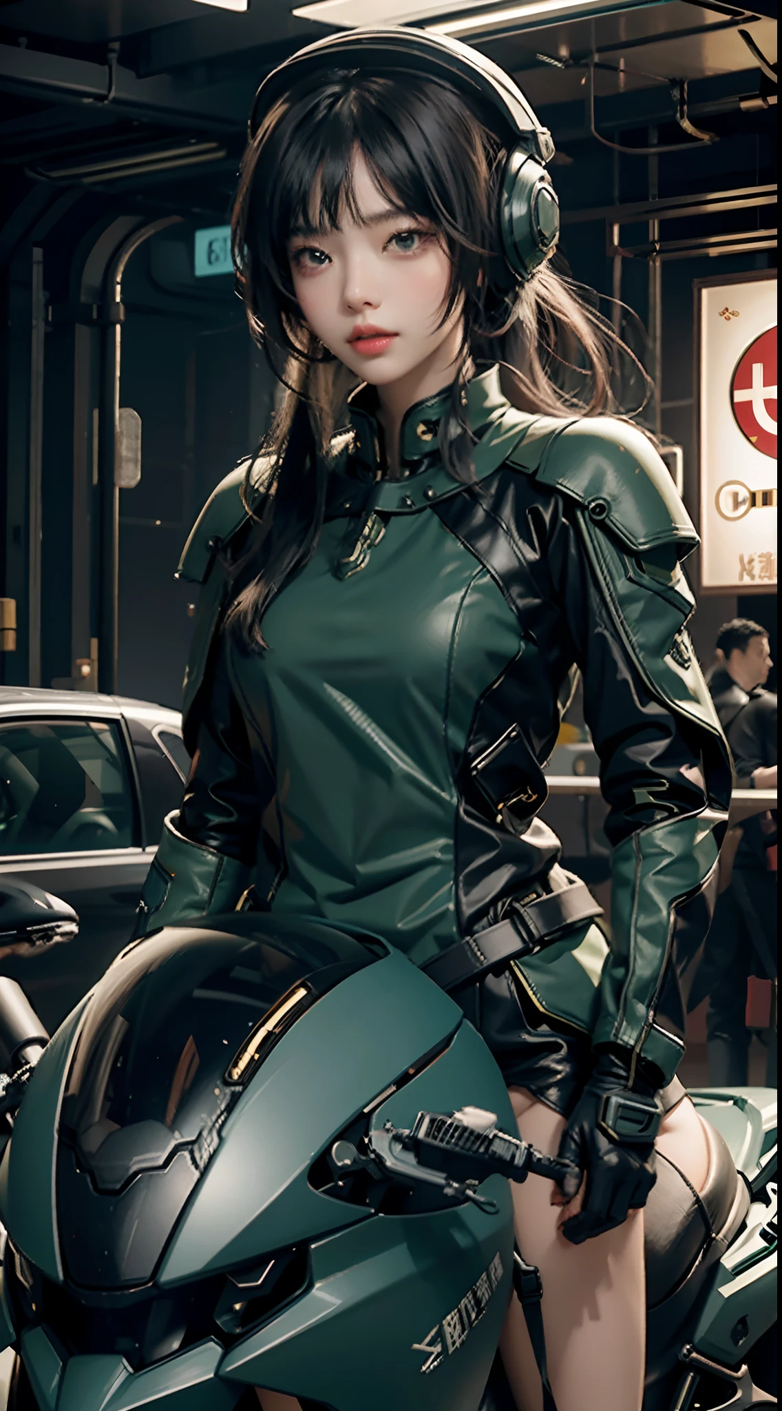 Highest image quality, Excellent details, ultra high resolution, (Reality: 1.4), best illustrations, Offer details, Highly concentrated 1girl, Has a delicate and beautiful face, Dressed in black and green mechs, wearing a mech helmet, holding direction, riding a motorcycle, Background futuristic city high tech lighting scene.