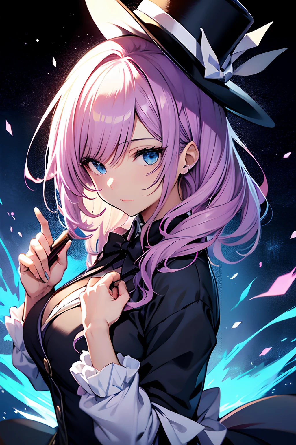 Anime character dressed in tuxedo and top hat with a magic wand, Maga Feminina, cabelo azul longo, Marin Kitagawa Fanart, anime moe artstyle, Magia, Preto - Mago Cabelo, Arte Oficial do personagem, magic uniform, KDA, Retrato completo do elementalista, Gatilho Estilo de Arte de Anime, magia de elenco de bruxa de anime de paquera, Arte Oficial, Mago Celestial Lindo, Arte Zerochan