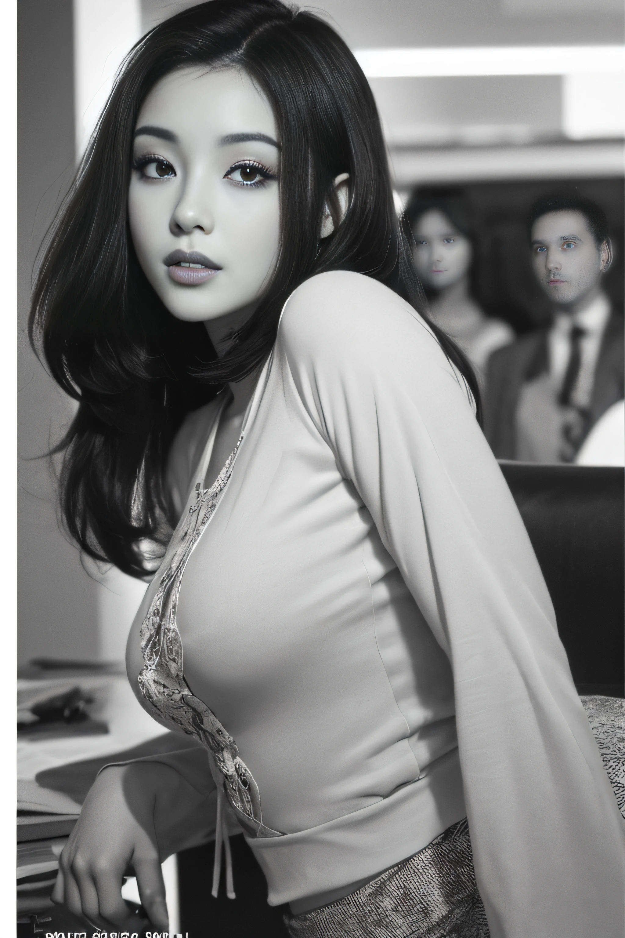 1womanl、(Solo:1.3)、(Super beautiful)、(ultra beautiful faces)、Japan actresses of the 1950s、(Clothes that were popular in the United States in the 1950s)、upperbody shot、(Monochrome photography)