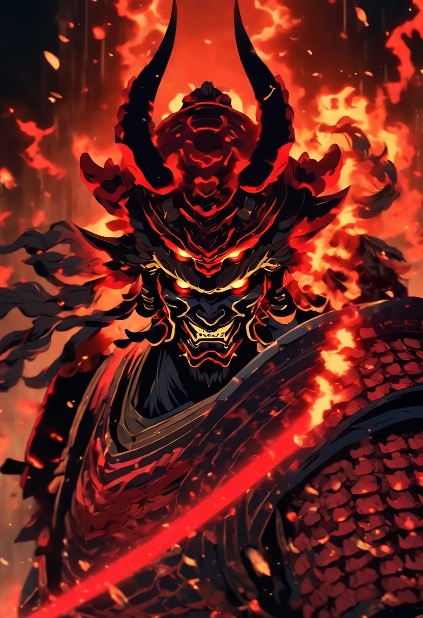 Demon with glowing red eyes wearing an ancient Japanese shogun armor with helmet standing in a battle stance ready to draw his blade