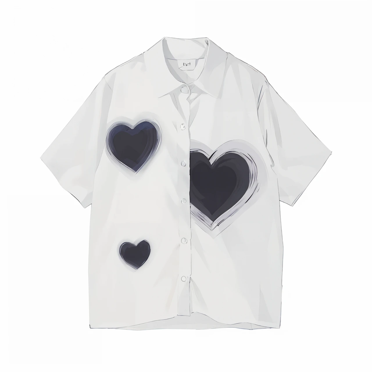 Close up anime drawing of a white shirt with black hearts on it, by Shinoda Toko, summer shirt, short sleeves, black and white with hearts, naoya tanaka, anime shirt art, paru itagaki, by Awataguchi Takamitsu, eiko ishioka, comme des garcon campaign, shirt, shusei nagaoka, tokio aoyama, drawing 2D, detailed anime drawing, 2D, anime styled, 2D detailed, anime shirt,