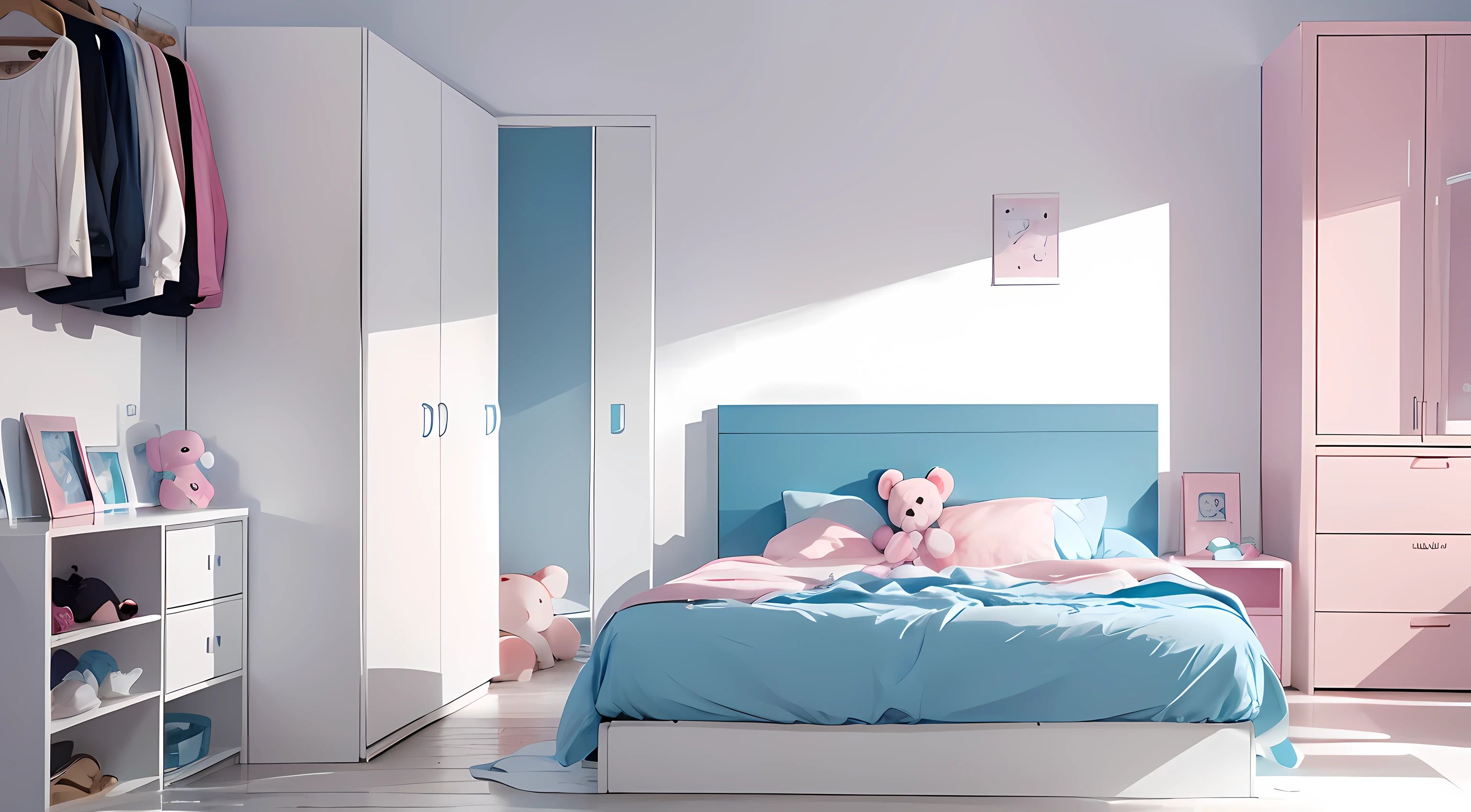 A plain white wall blue contour, close up on wall with dresser and a pink teddy bear, ((white wall background)), white wooden floor, ((pristine)), ((bed)), ((open closet))