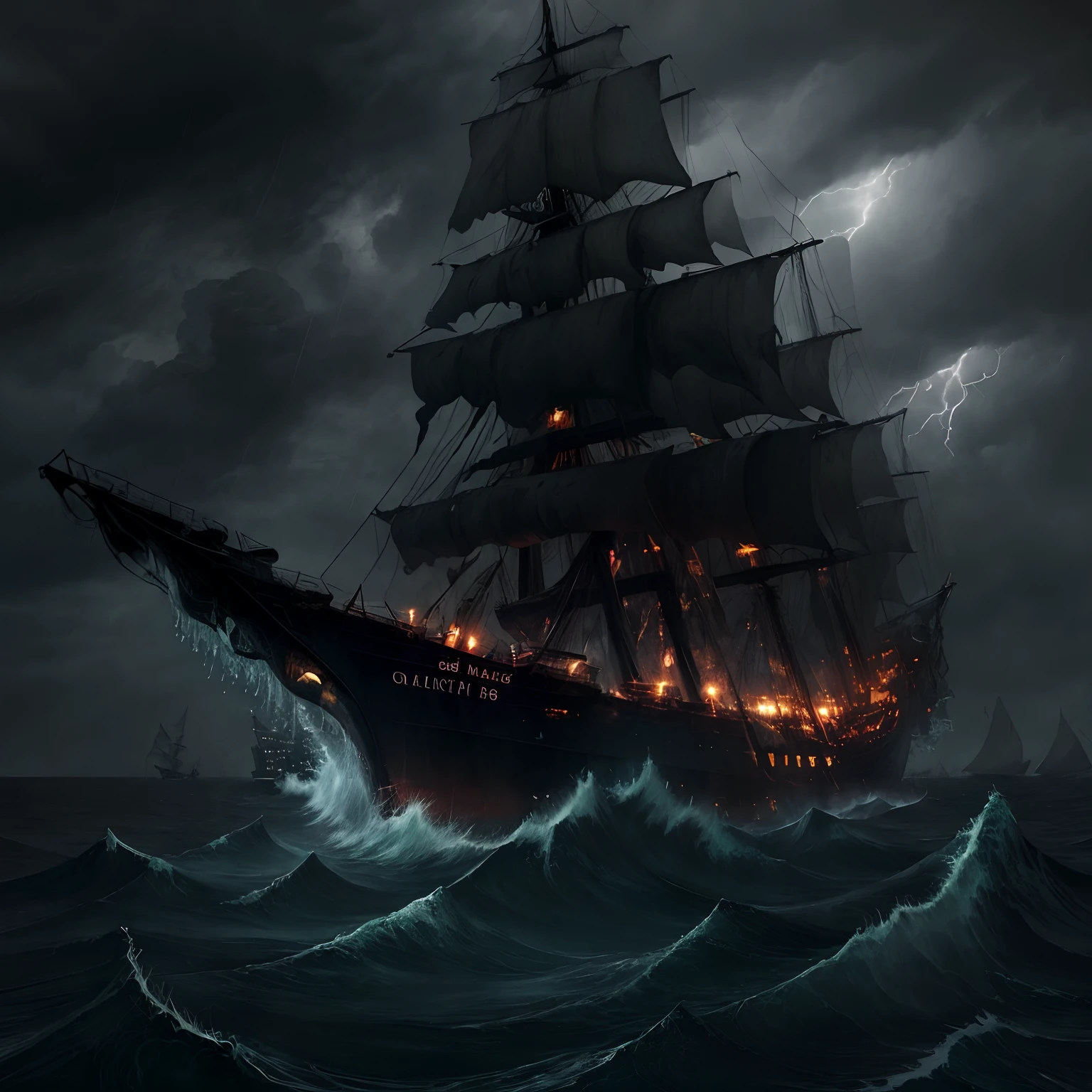 ​masterpiece、hightquality、Landscape painting、Detailed landscape painting、Very dark sky、Thick black clouds、In the darkness、Pitch Black Darkness、a dark night、Wide ocean、Ōlan、Detailed heavy rain、Detailed raindrops、Dense and dazzling lightning、Detailed lightning、The sea is very intense and rough、Very large waves、Ship cemetery、Zombie Ship、Boneship、A decaying ghost ship wandering through a thunderstorm、The sails are tattered and hanging、Rotten sails、Torn sails、Torn sails、Perforated sail、Broken mast、Tattered mast、Tattered hull、There are holes in some places、The hull is rotting、Detailed battered ghost ship、A crumbling ghost ship、Black Ghost Ship、The ghost ship is heavily tilted、Black fog around the ghost ship、Black aura、Wrecked ghost ship、Shipwrecked and broken、Island in the distance々Looks、longshot、Faraway view