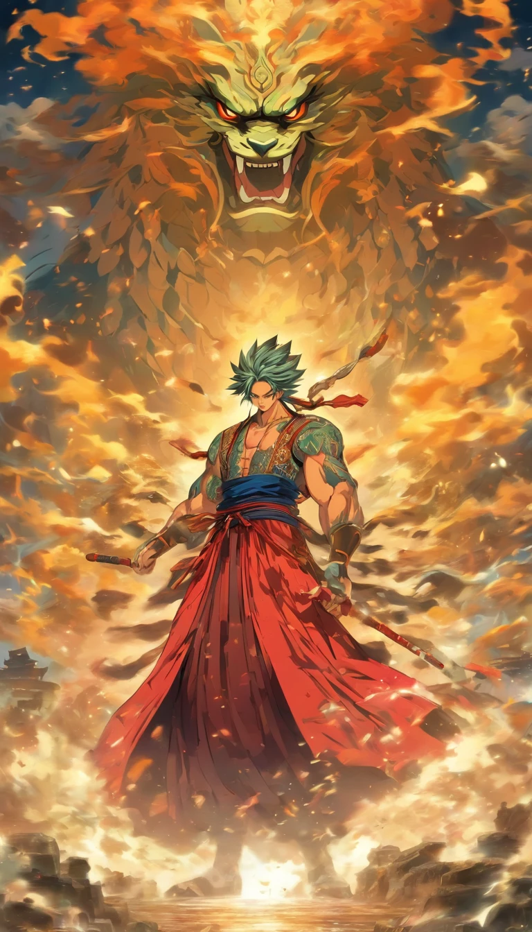 An authoritative elder standing on a high platform, wearing gorgeous robes, Staring fiercely, Holding a Qingxuan long sword in his hand, Spacious martial arts field,Surrounded by a tense and oppressive atmosphere, ,32K, Best quality, Masterpiece, Super detail, High detail in Yoshiyo Monogatari anime style